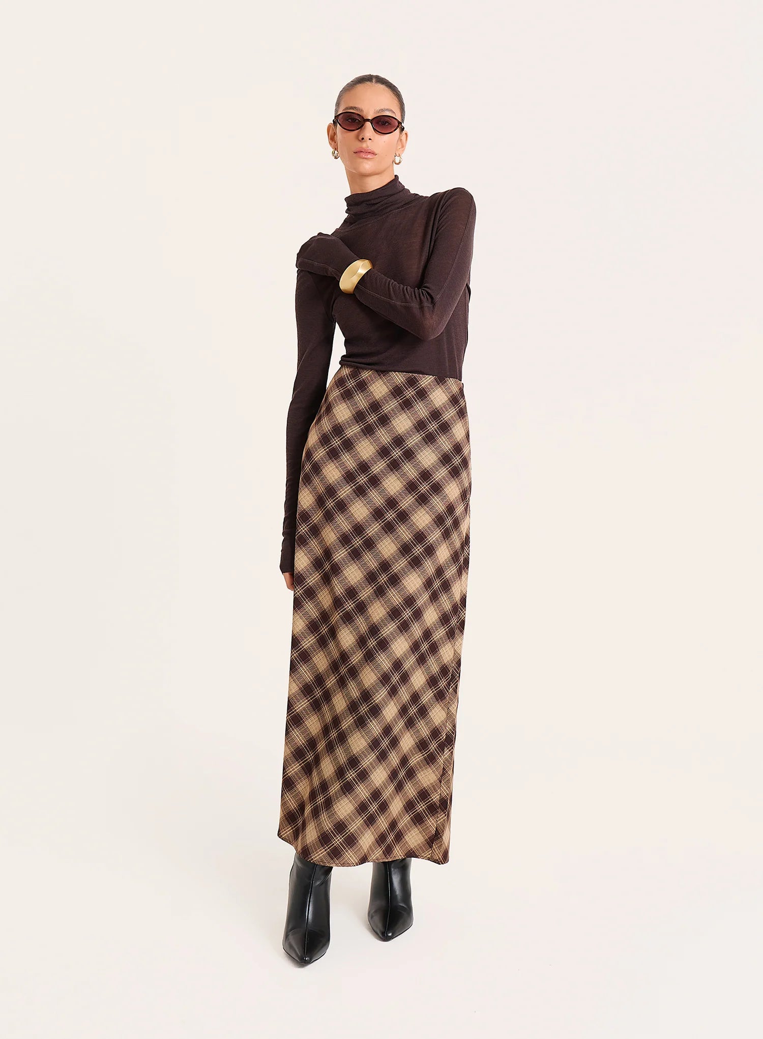Check Print Chiffon Maxi Skirt