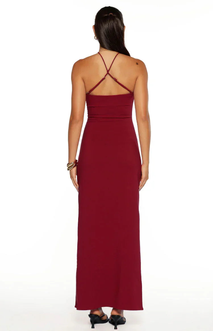 Del Mar Burgundy Crepe Formal Maxi Dress