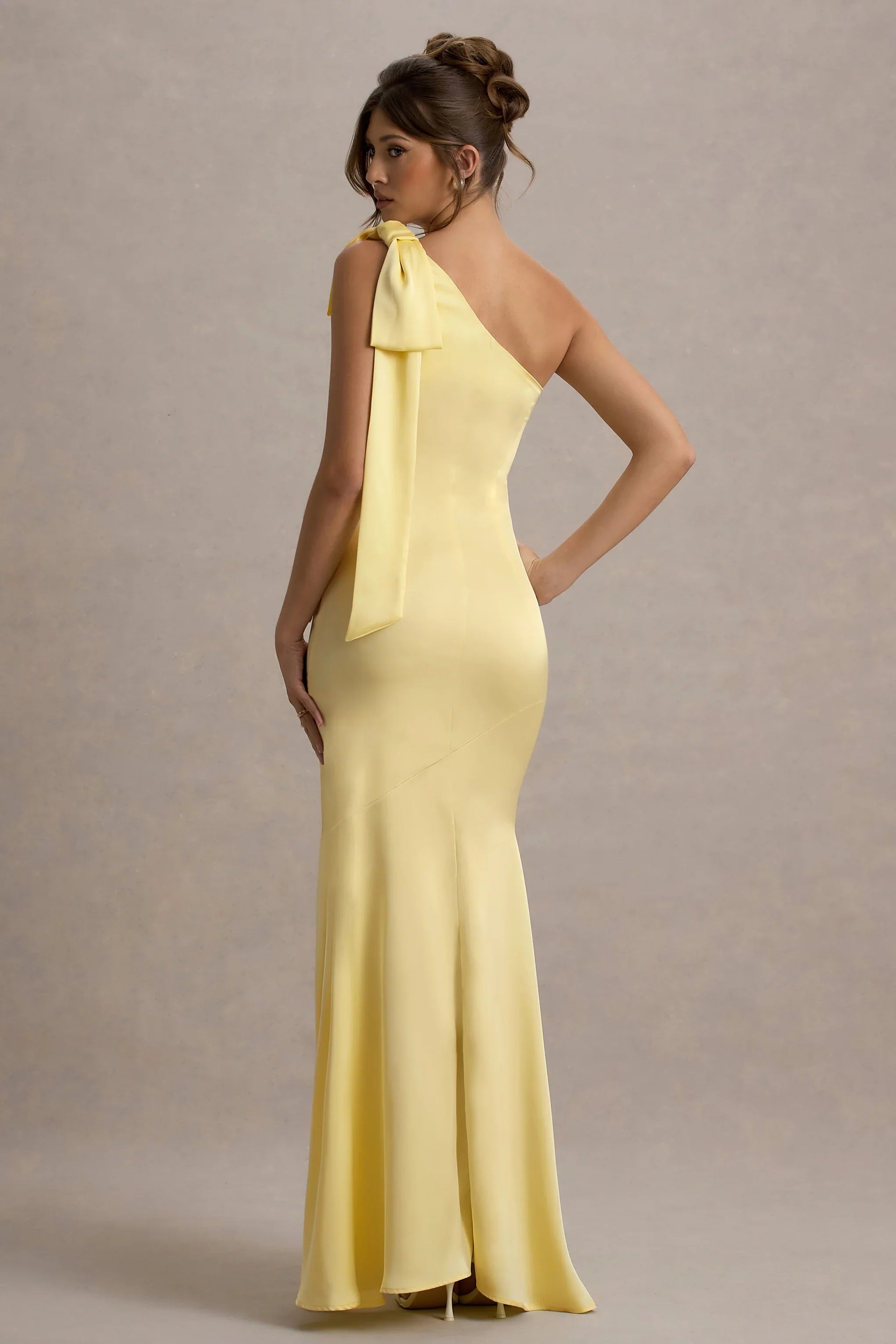 Here For Love Pale Lemon Satin Asymmetric Maxi Dress With Bow