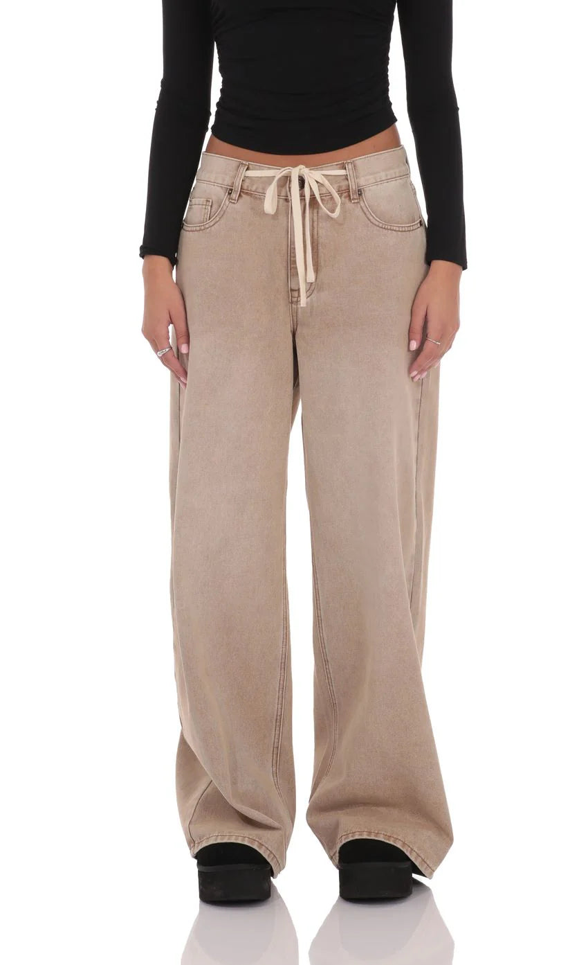 Drawstring Wide Leg Jeans in Camel