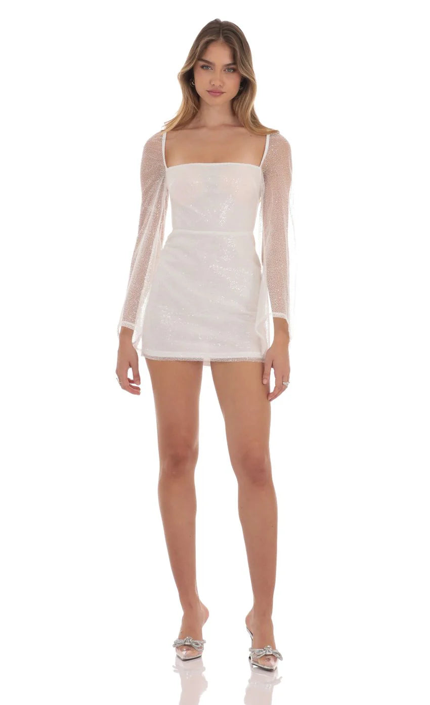 Sequin Flare Sleeve Dress in White