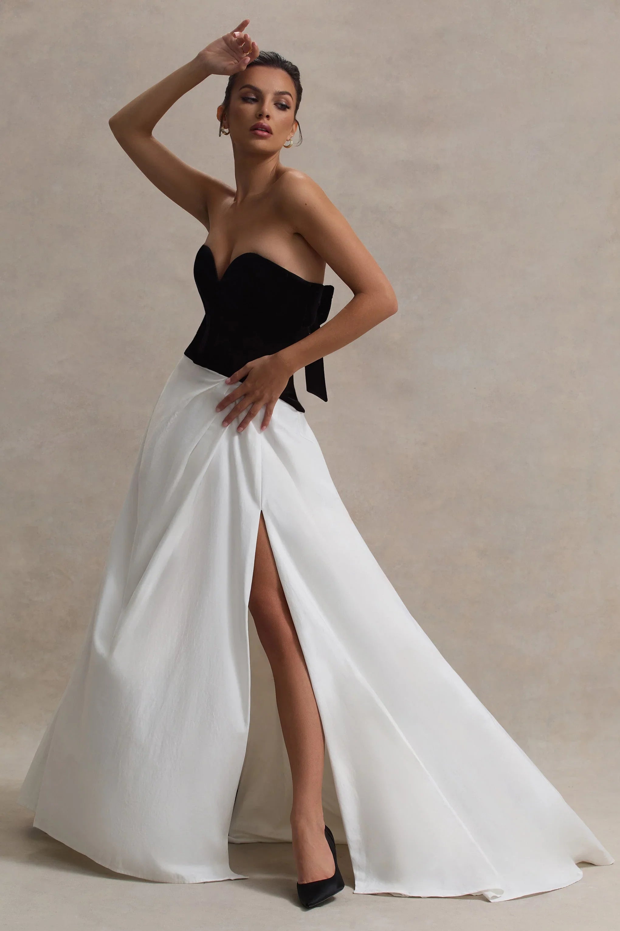 Lucienne Black Cream Sweetheart Corset Split Maxi Dress