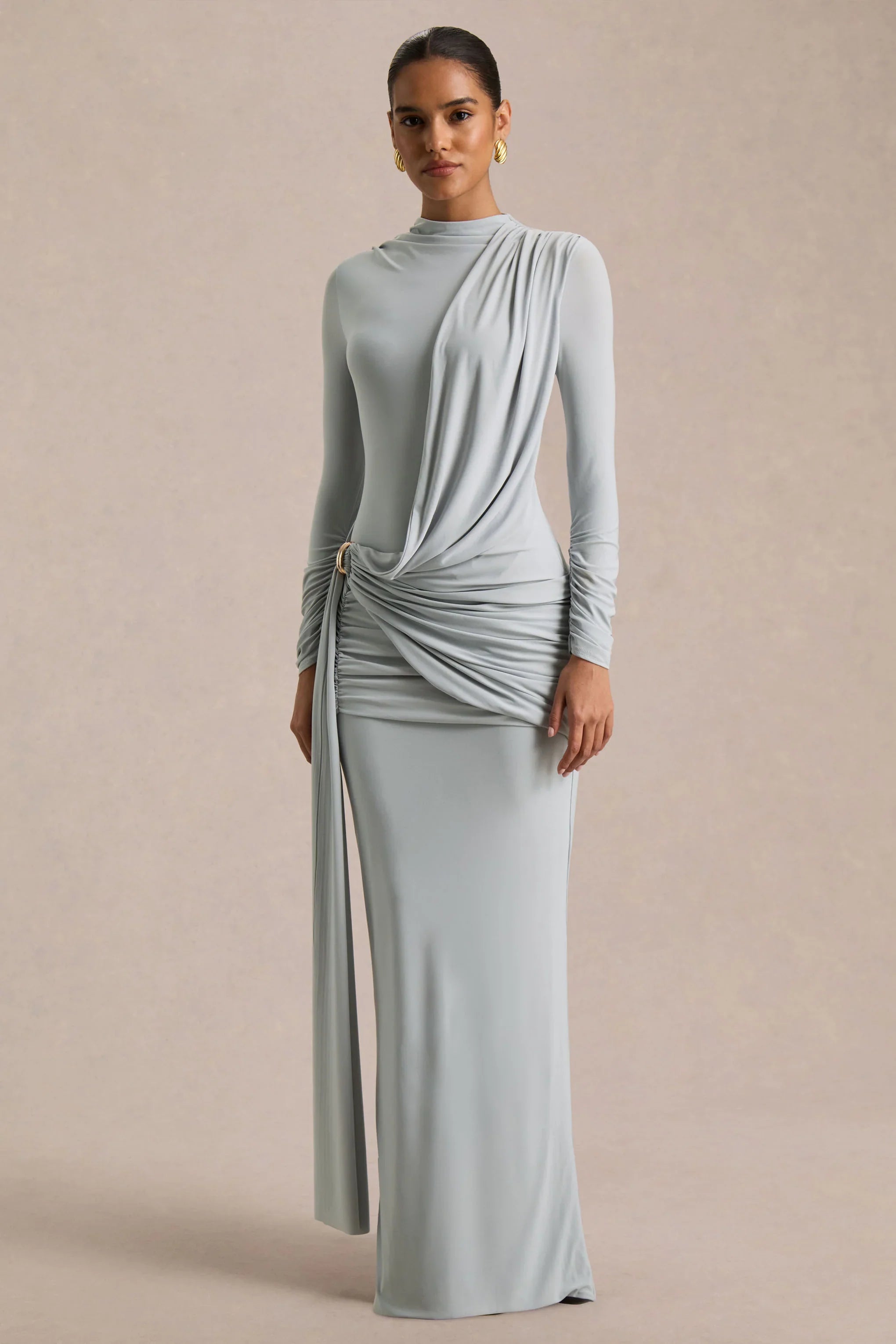 Melissa Blue Long Sleeve Wrap Maxi Dress With Draped Detailing