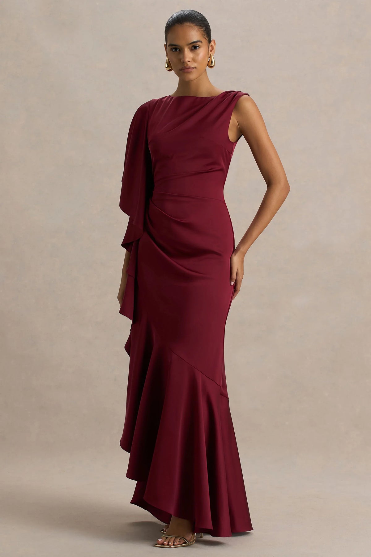 Rosy Burgundy Satin Boat Neck Maxi Dress With Front Split And Ruffled Detailing