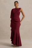 Rosy Burgundy Satin Boat Neck Maxi Dress With Front Split And Ruffled Detailing