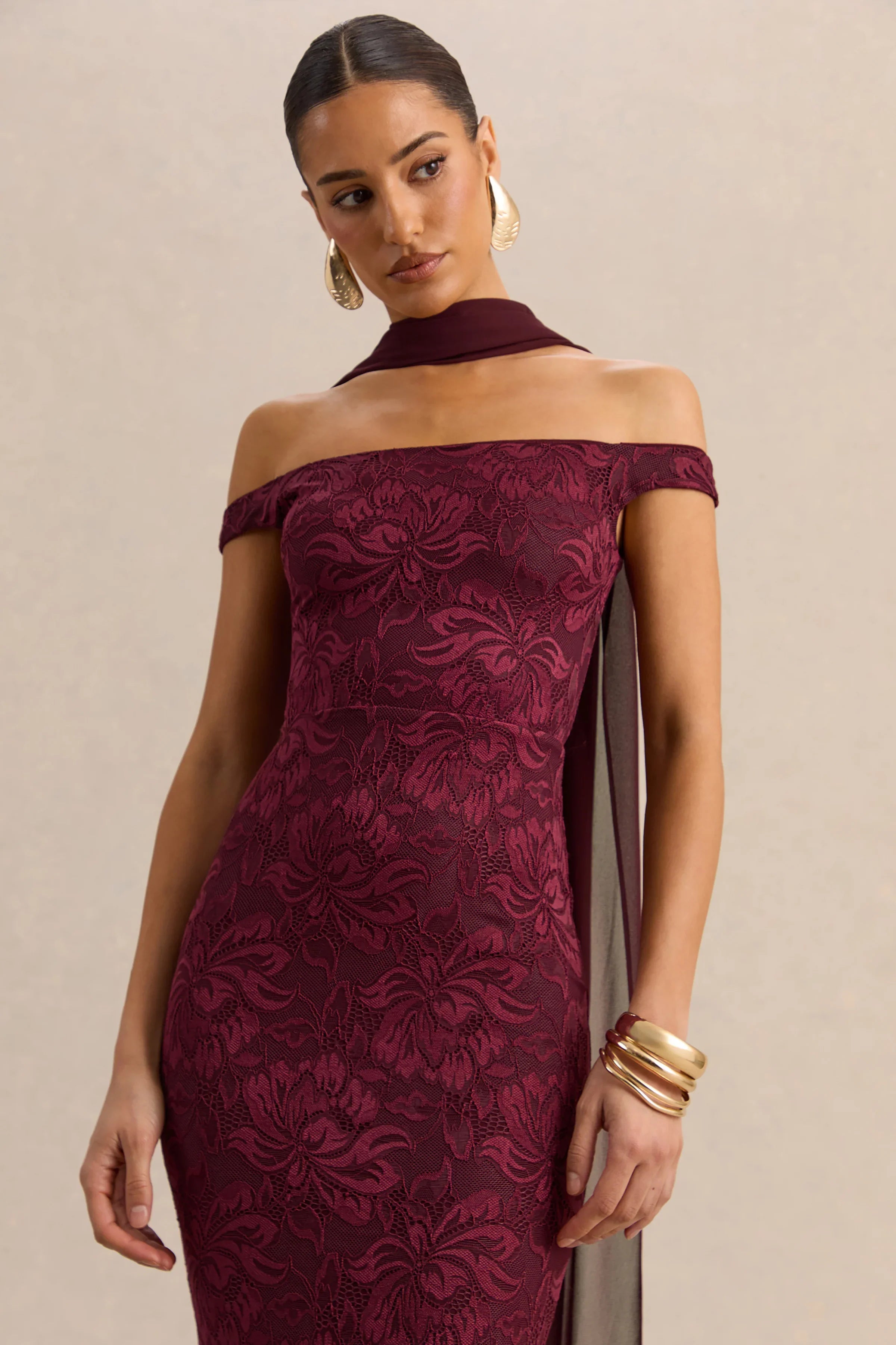 Iselle Burgundy Lace Bardot Neck Maxi Dress With Scarf Detail