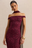 Iselle Burgundy Lace Bardot Neck Maxi Dress With Scarf Detail