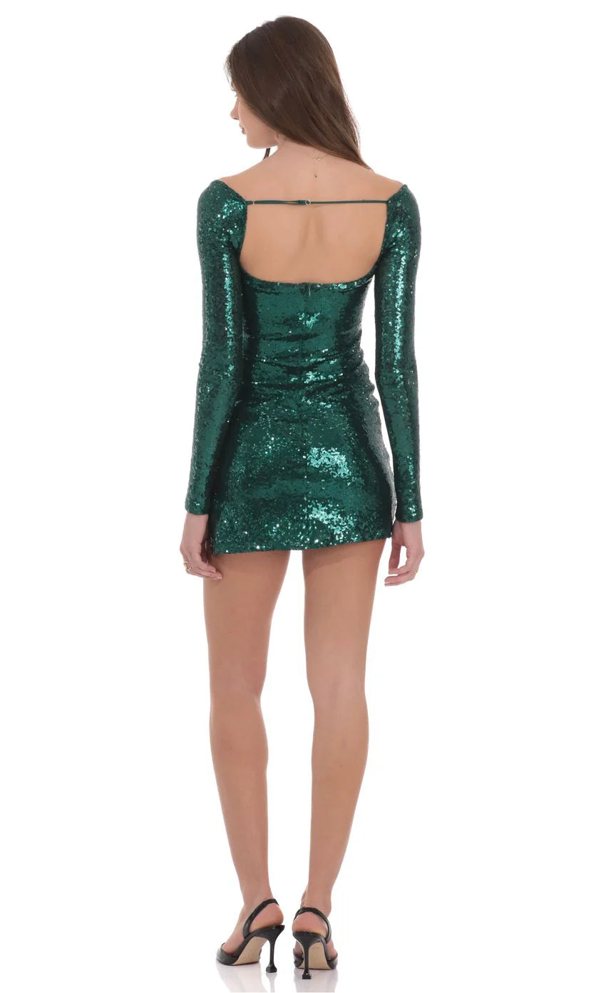 Sequin Long Sleeve Bodycon Dress in Green