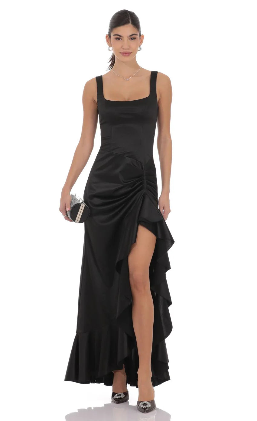 Satin Ruched Ruffle Slit Maxi Dress in Black