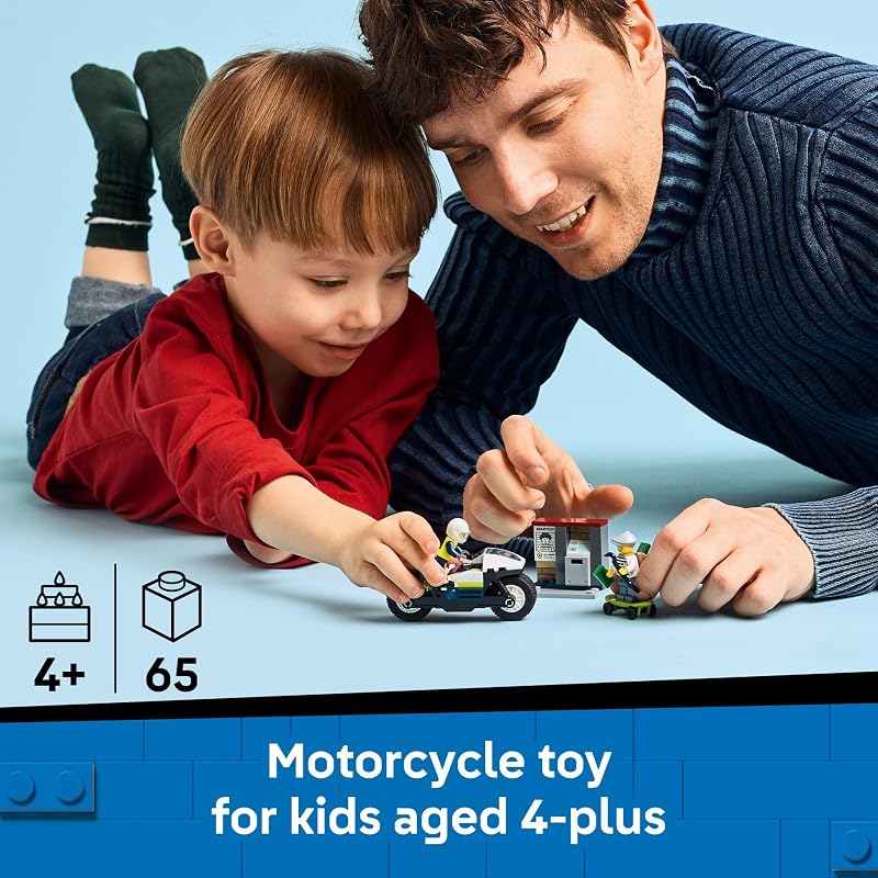 LEGO City Police Motorcycle Chase Building Toy for Kids Pretend Play Building Blocks for Boys Girls Ages 4 Preschool Learning Toy W Police Crook Minifigures Gift for Birthdays 60455