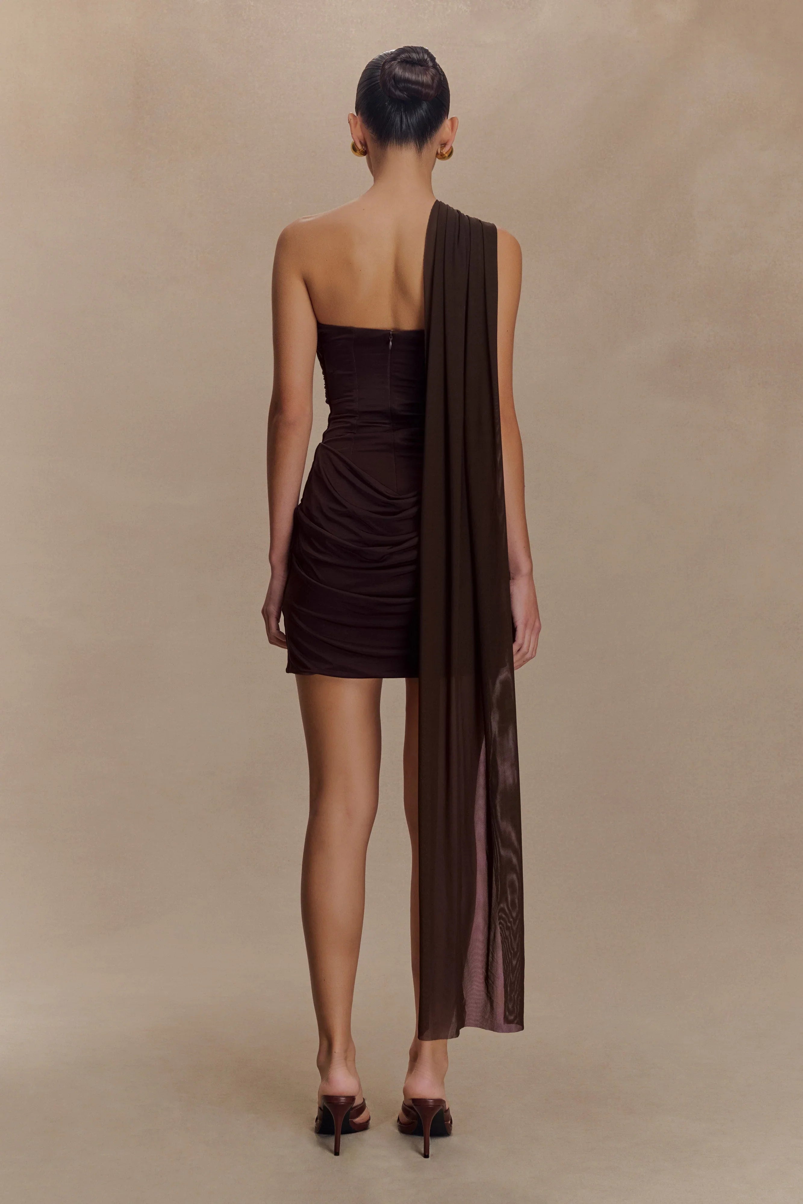 Mattea Slinky And Mesh Mini Dress With Scarf Dark Chocolate