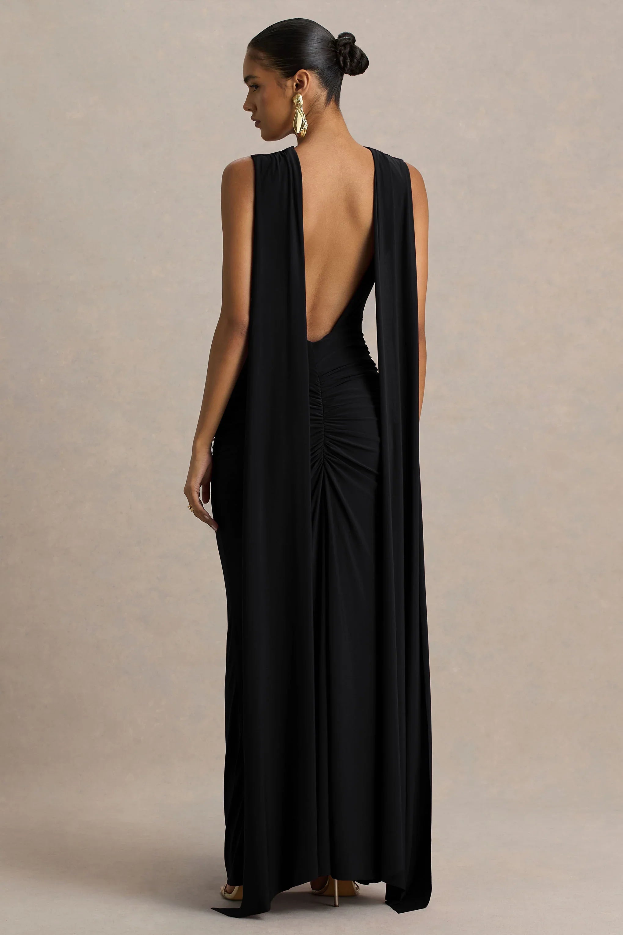 Premiere Black Boat Neck Maxi Dress With Open Back And Cape Sleeves