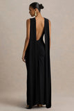 Premiere Black Boat Neck Maxi Dress With Open Back And Cape Sleeves