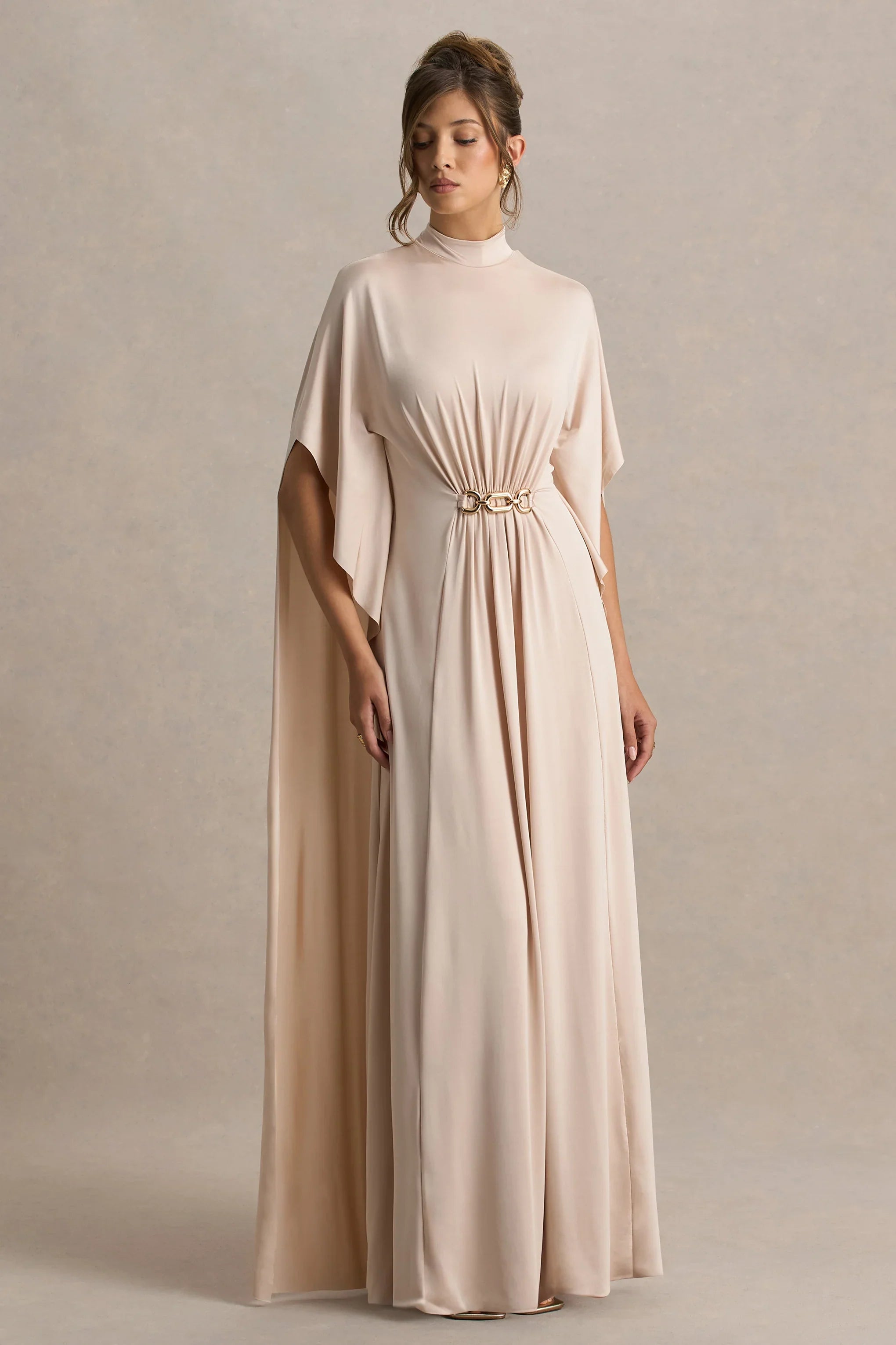 Olessia Champagne Belted Gathered Cape Sleeve Maxi Dress