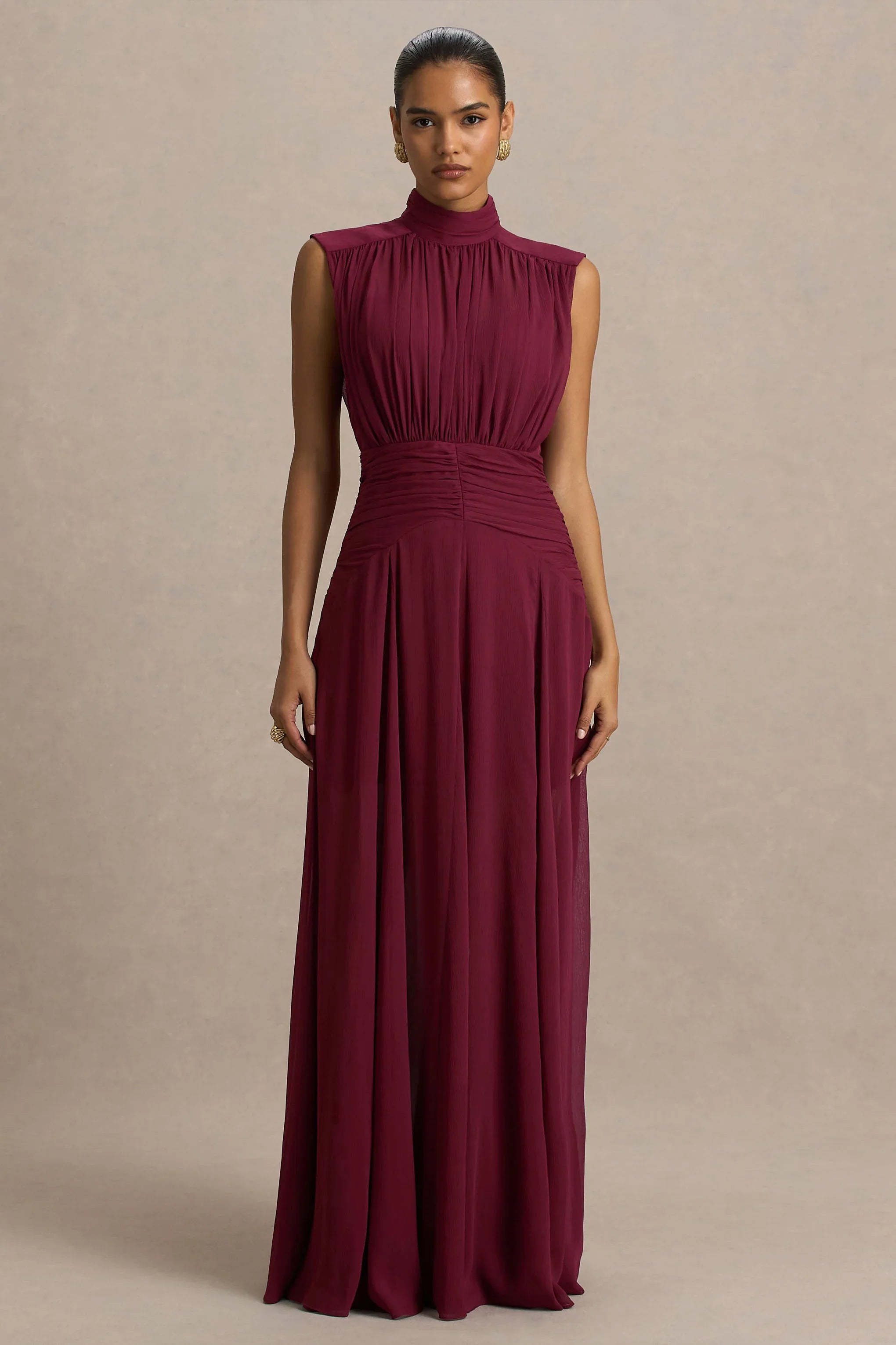 Melanina Burgundy High Neck Maxi Dress With Ruched Detailing
