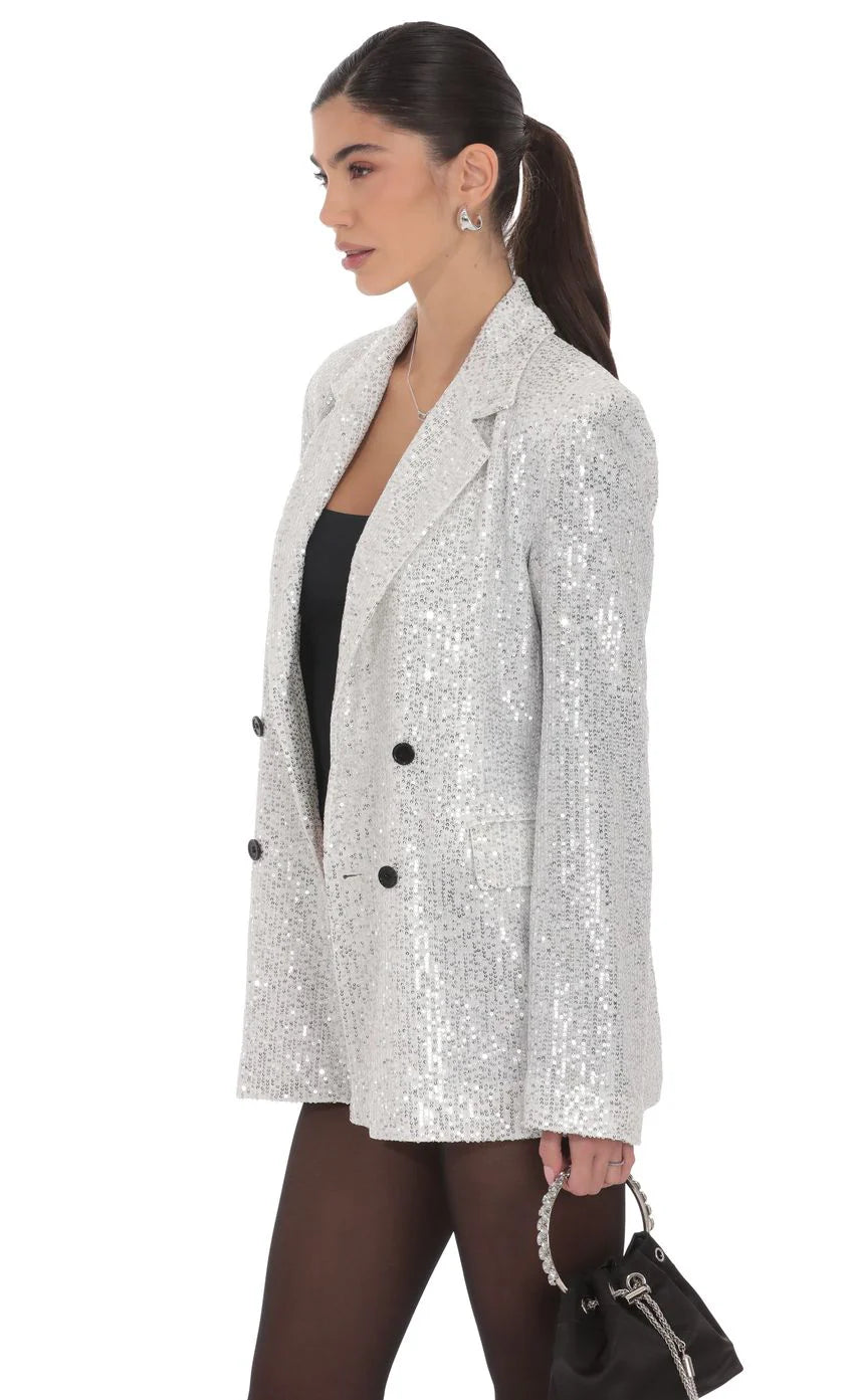 Double Breasted Sequin Blazer in Silver