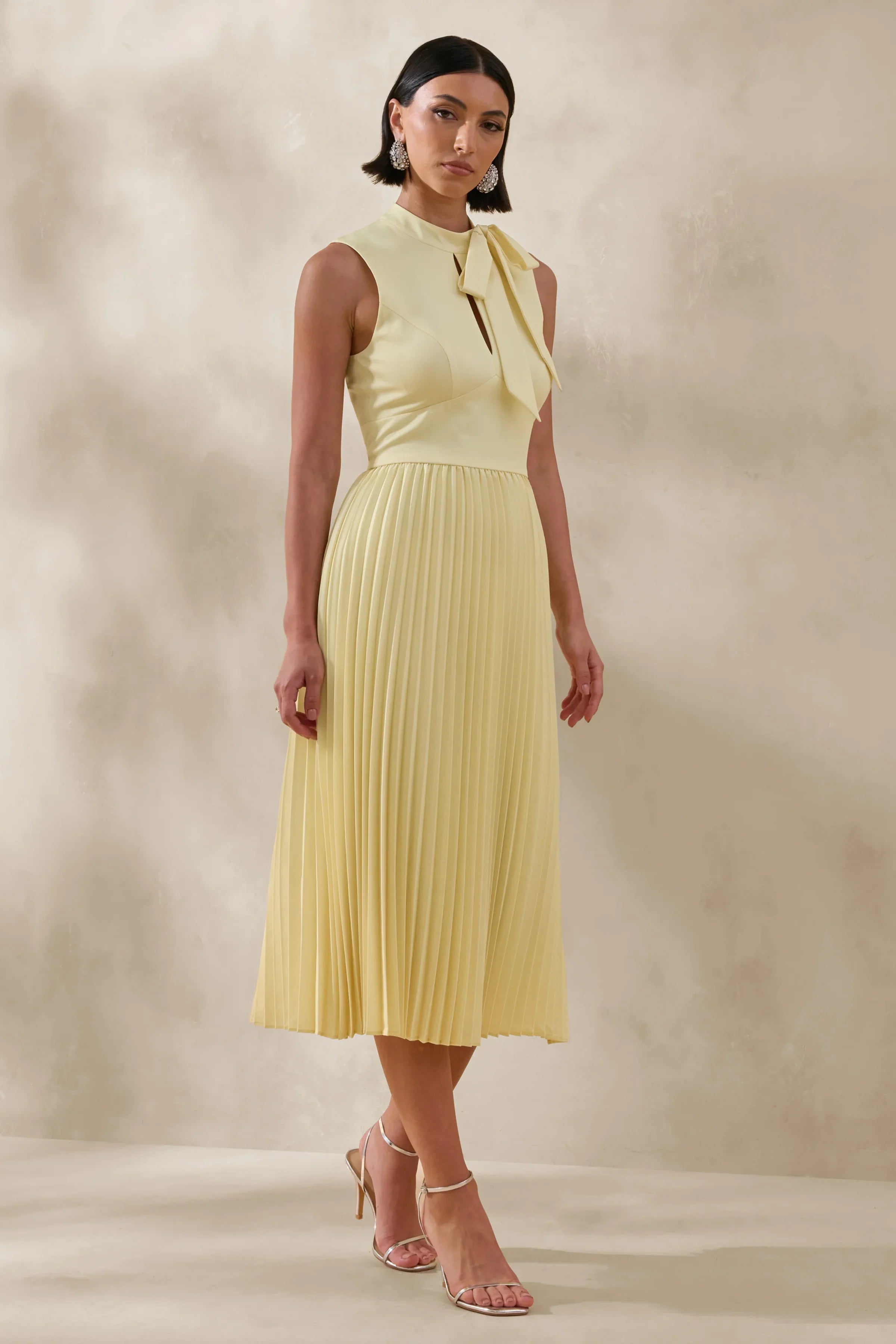 Avalon Lemon Midi Dress With Pleated Skirt And Bow Detail