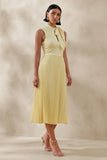 Avalon Lemon Midi Dress With Pleated Skirt And Bow Detail