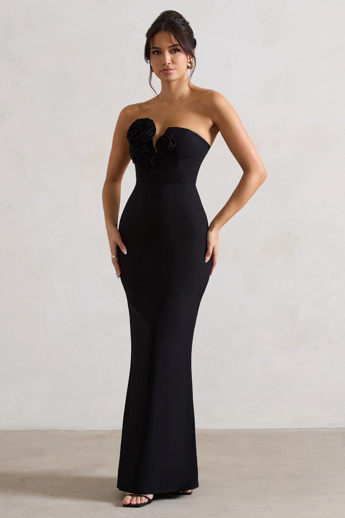 Enticed Black Strapless V Neck Maxi Dress With Flowers