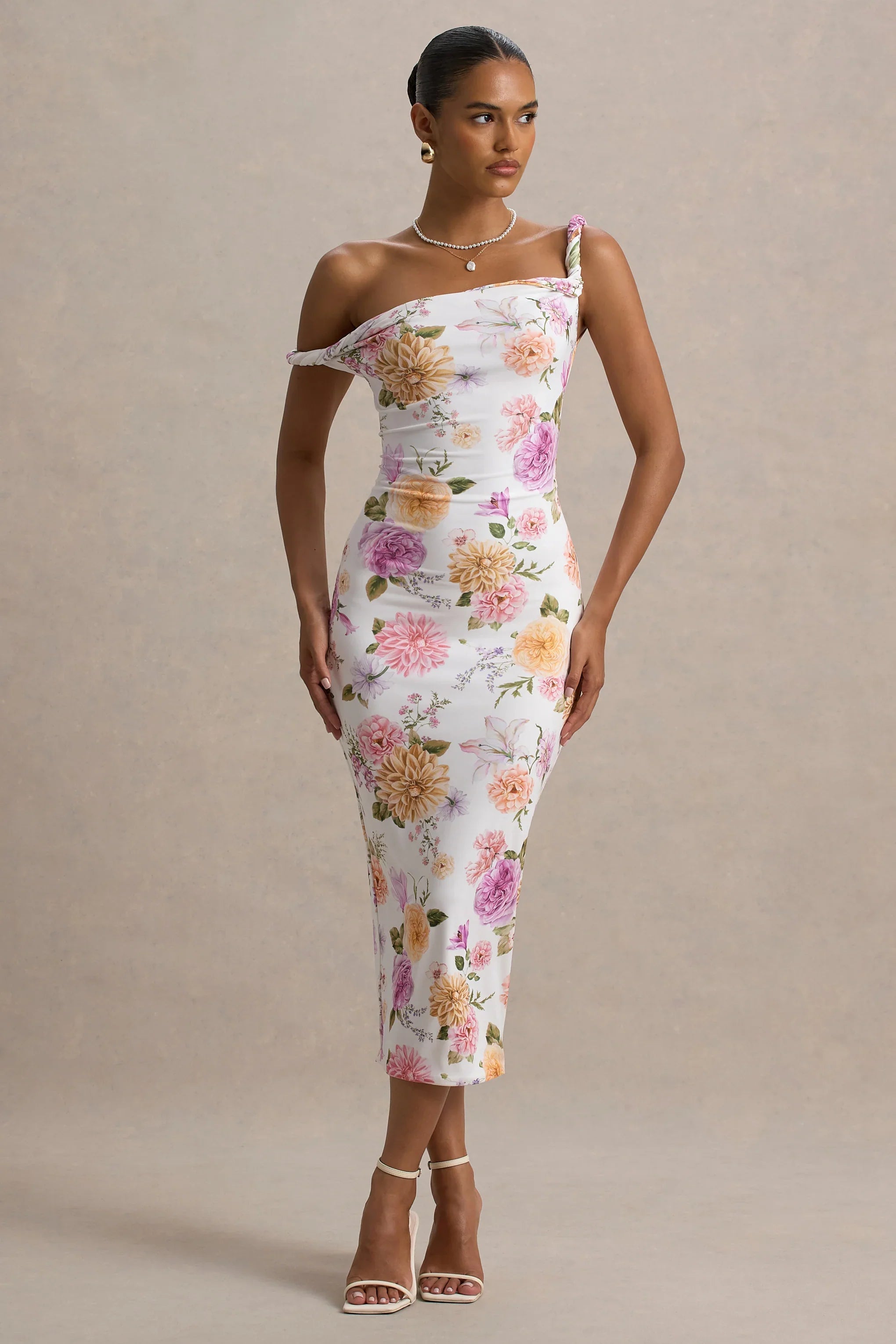 Nora Peach And Lilac Floral Twisted Asymmetric Midi Dress