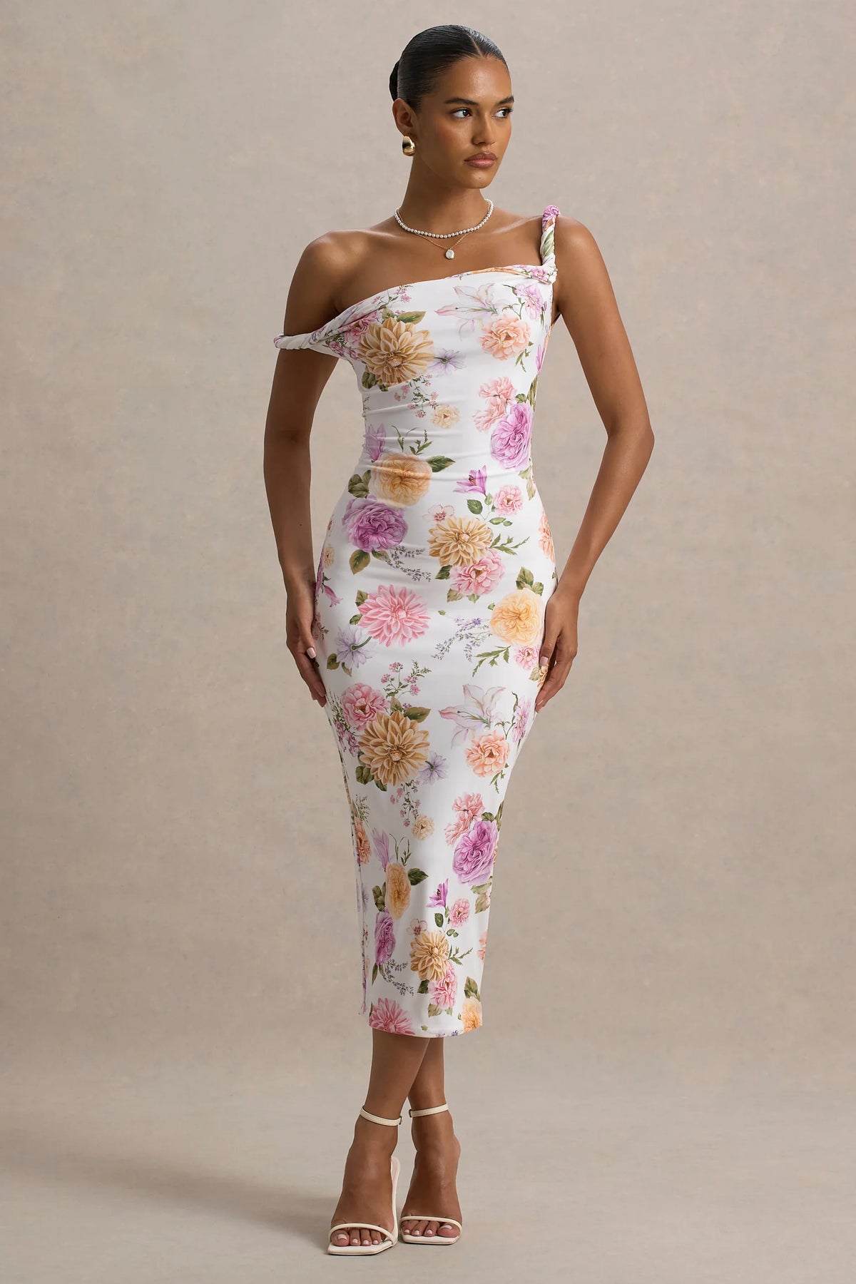 Nora Peach And Lilac Floral Twisted Asymmetric Midi Dress