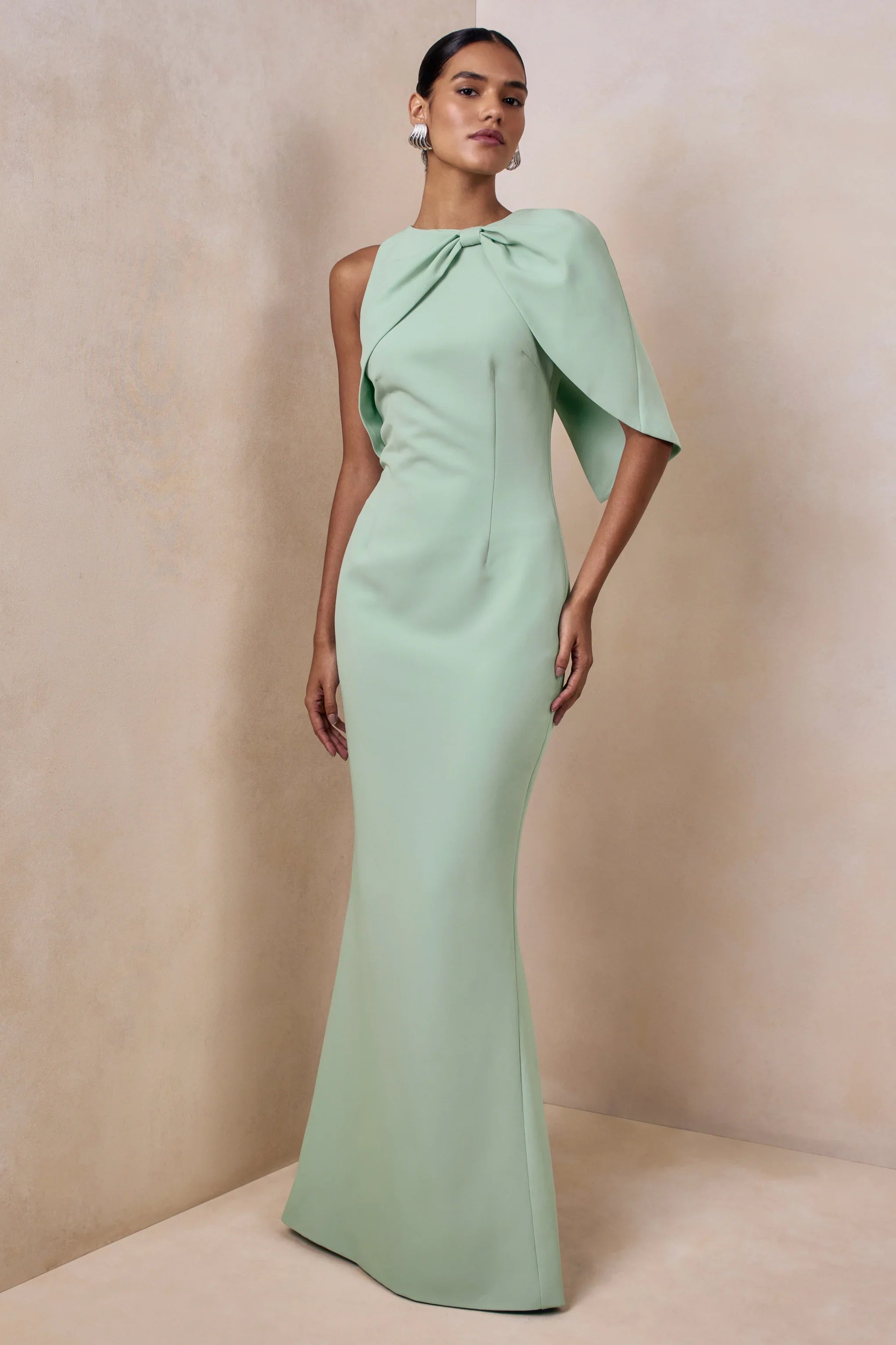 Quira Mint Asymmetric Neck Maxi Dress With Cape Sleeve