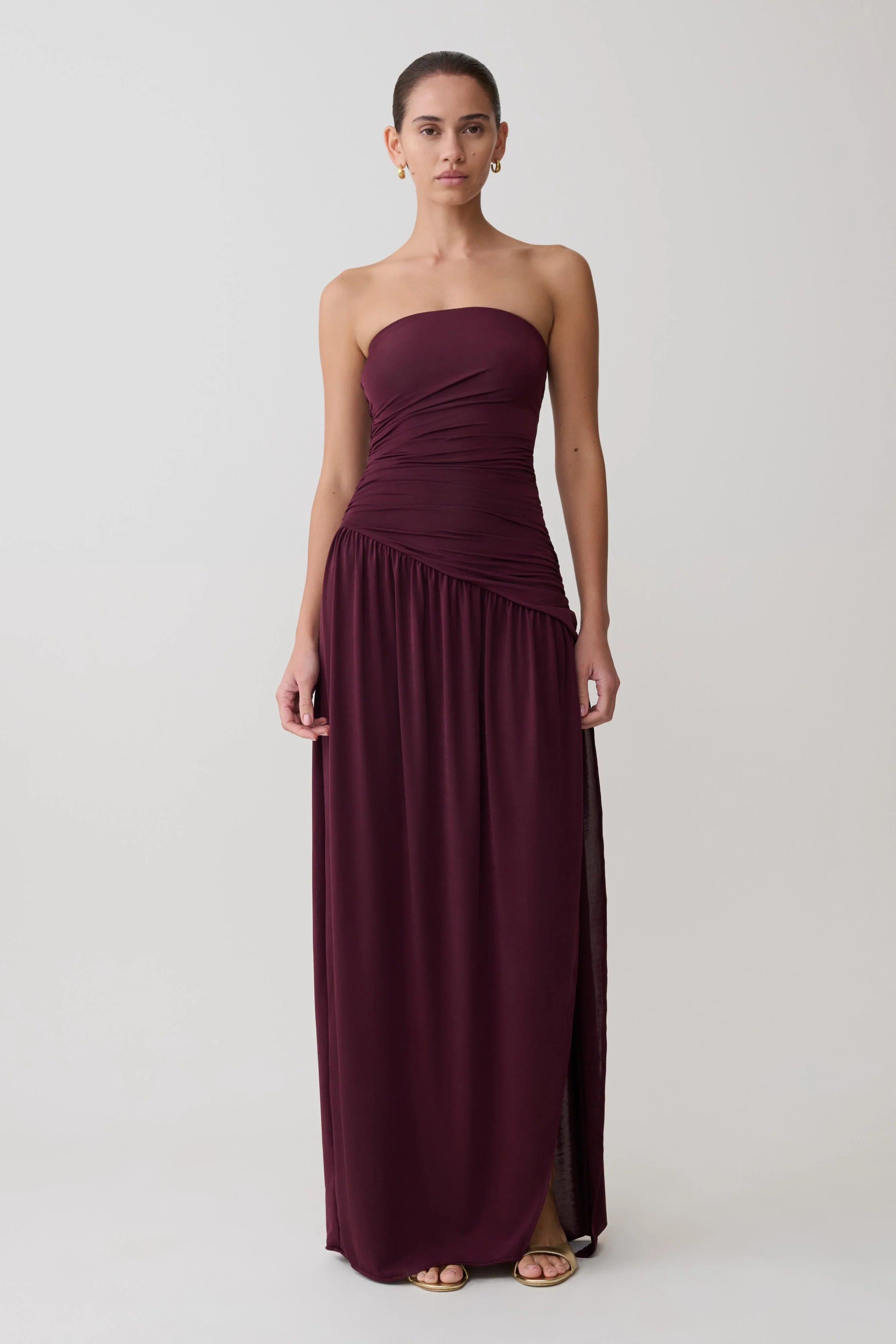 Bex Strapless Slinky Maxi Dress With Split Burgundy