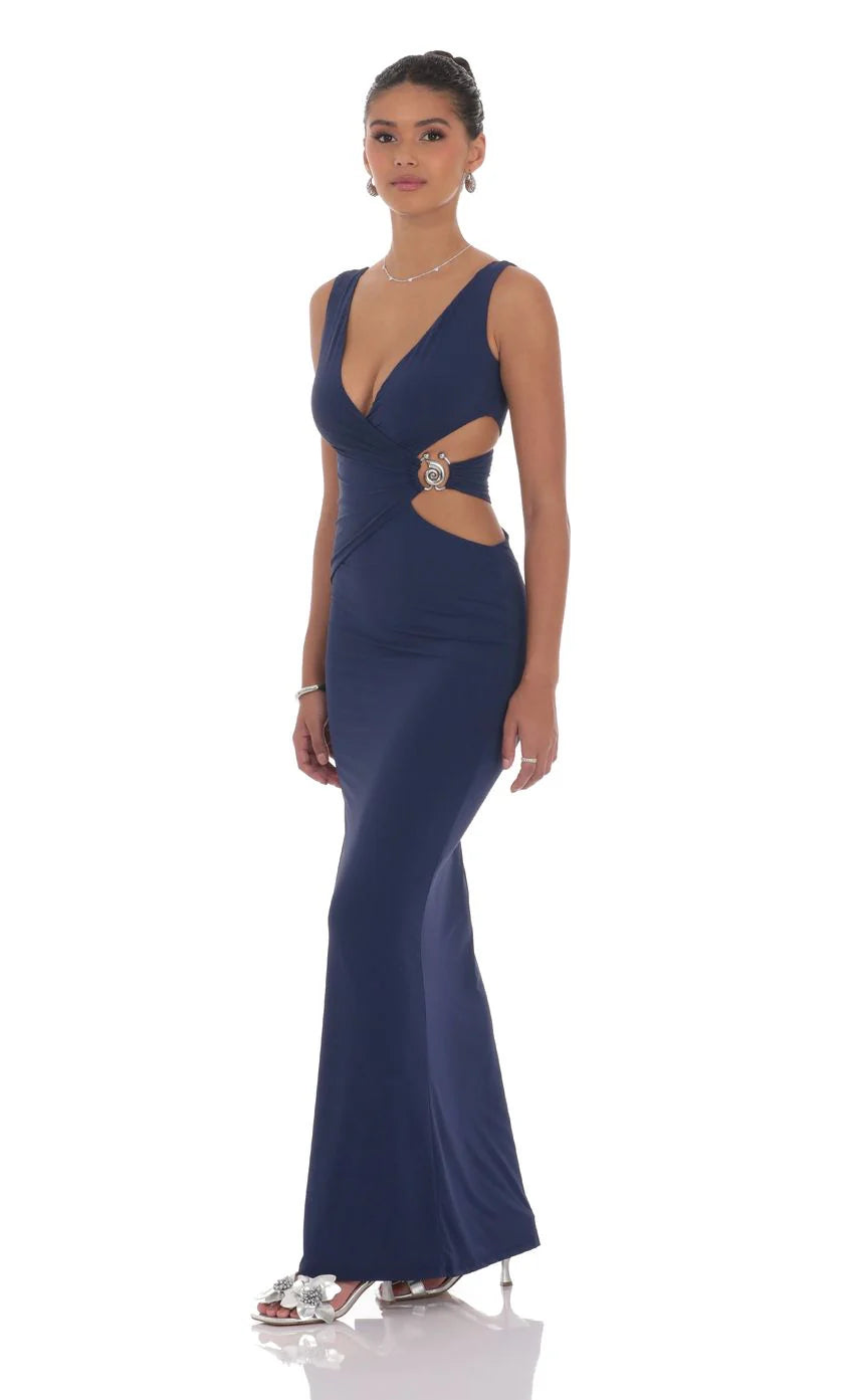 V Neck Conch Cutout Maxi Dress in Navy