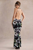 Tuscany Black Floral Print Halter Neck Split Maxi Dress