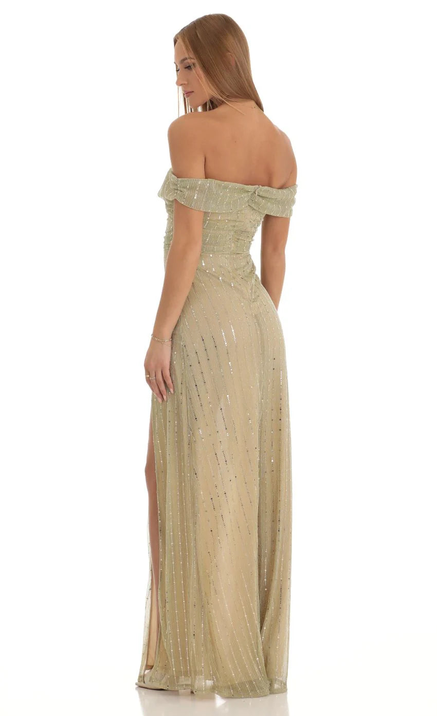 Sequin Striped Off The Shoulder Maxi Dress in Gold