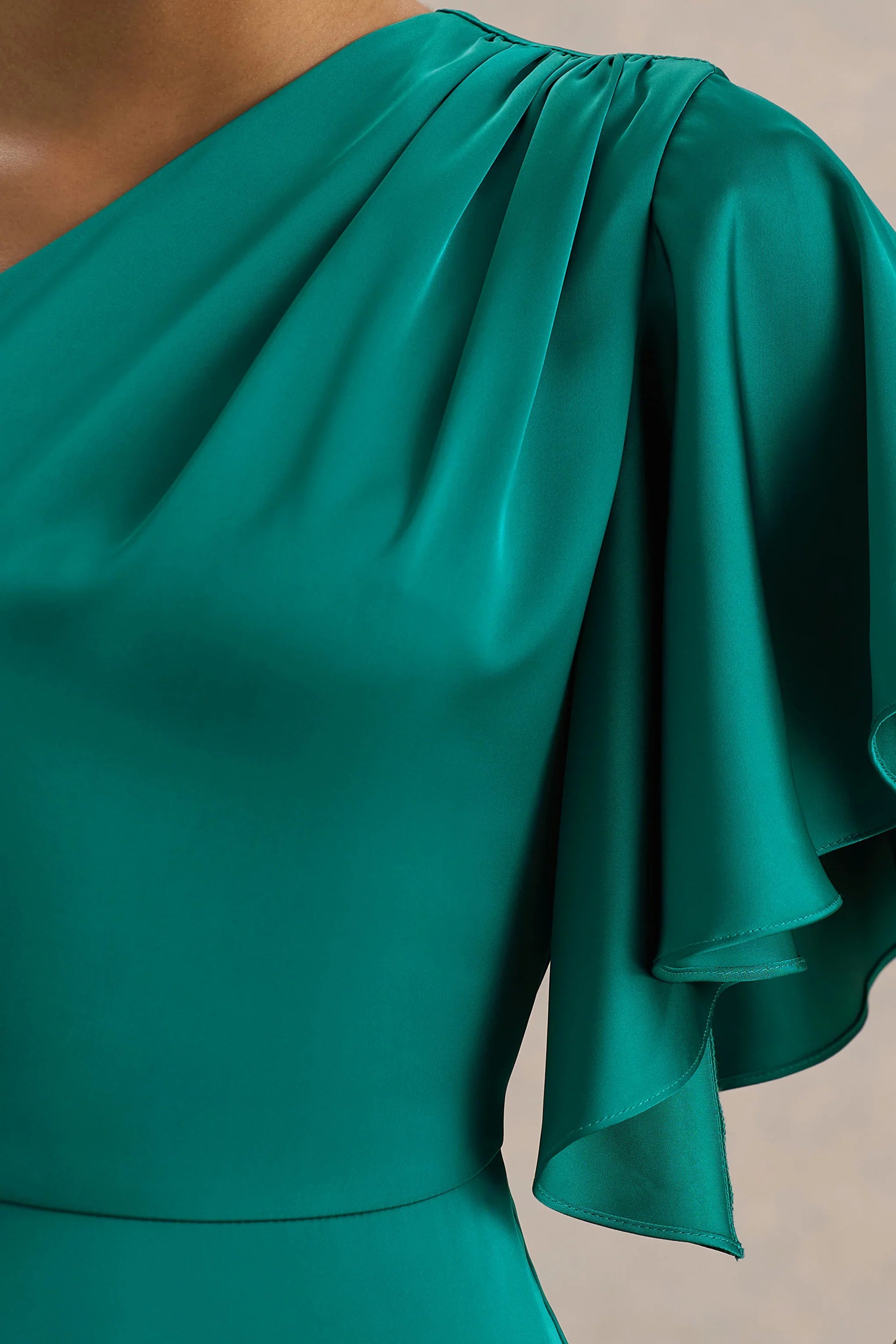 Unforgettable Bottle Green Asymmetric Neck Maxi Dress With Ruffled Detailing