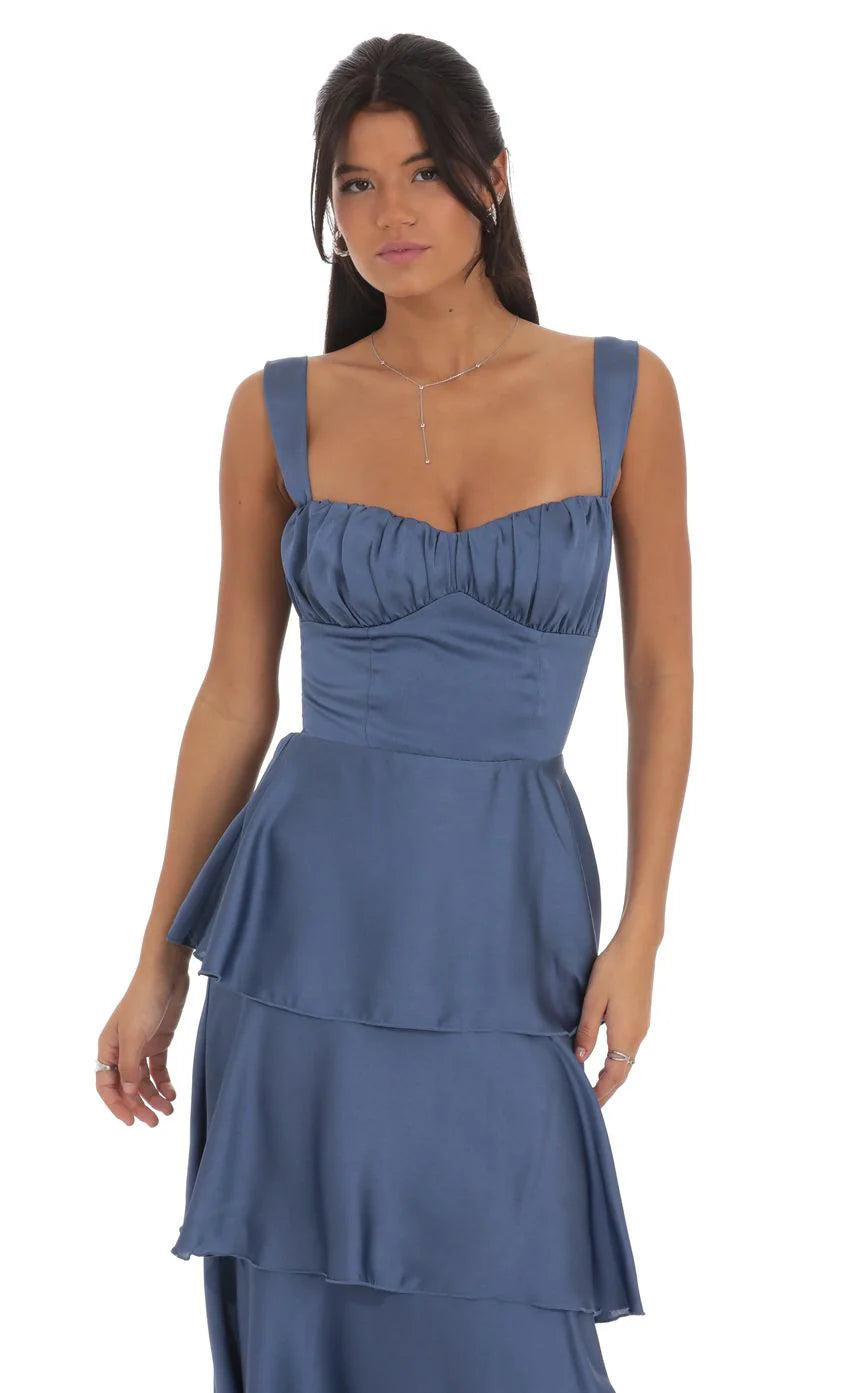 Satin Ruffle Maxi Dress in Slate Blue