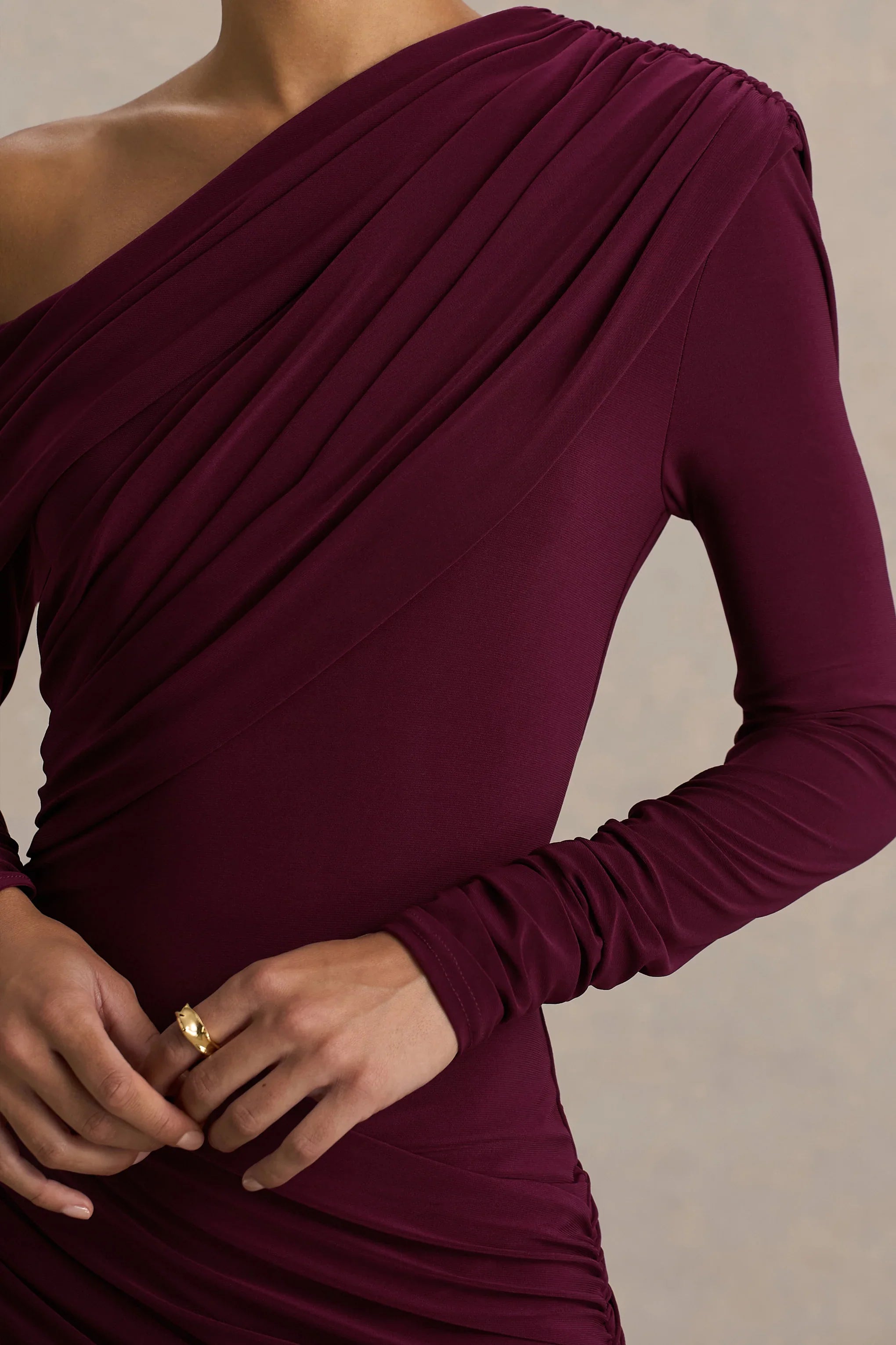 Perrie Burgundy Asymmetric Neck Maxi Dress With Ruched Detailing
