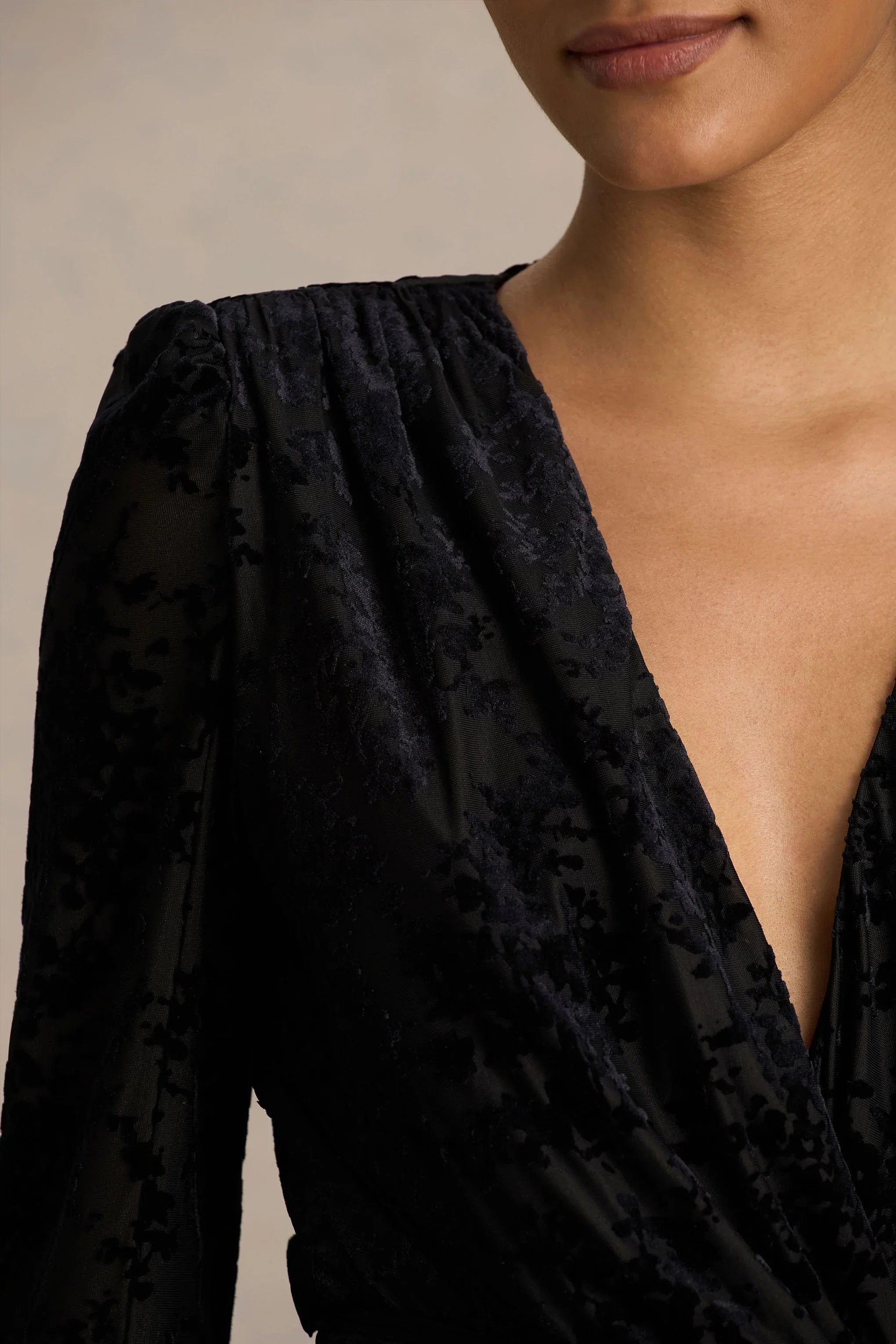 Vicenta Black Velvet Devore Plunge Neck Wrap Mini Dress