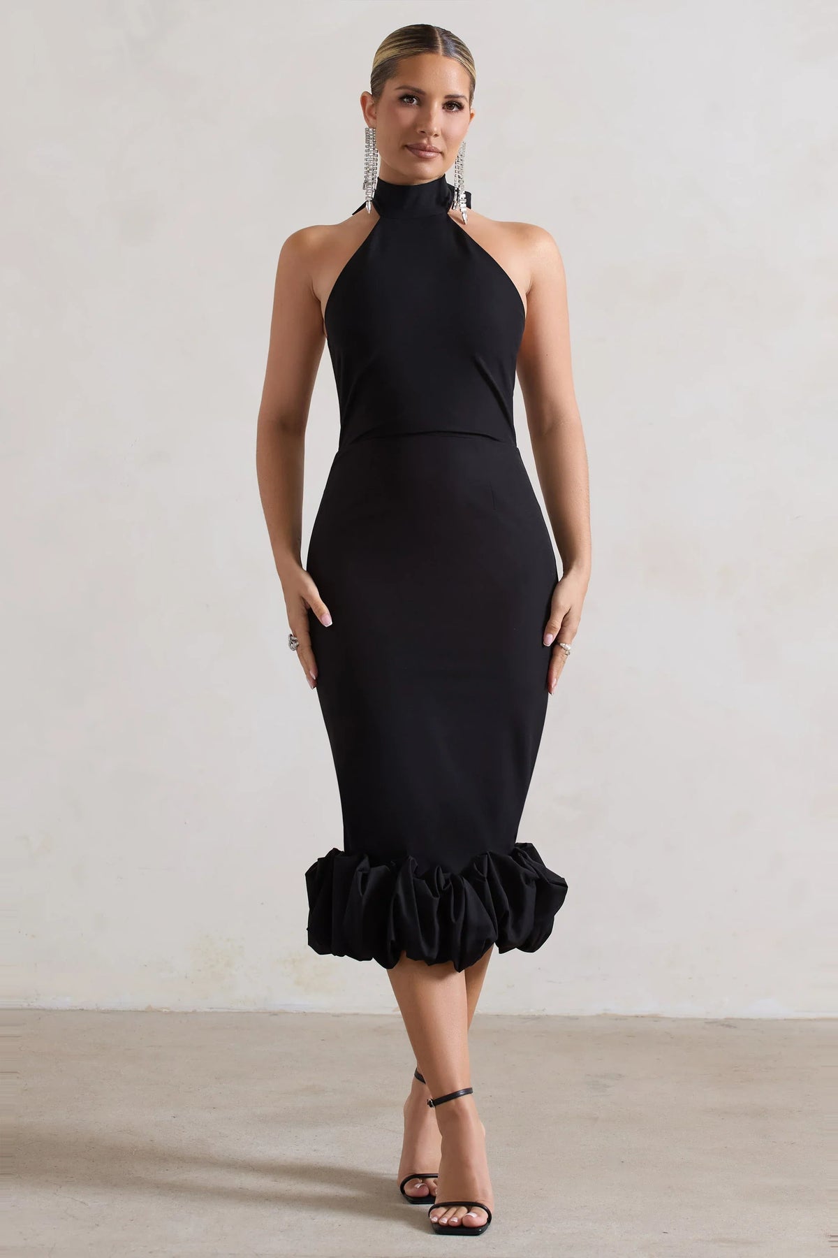 Ashton Black High Neck Midi Dress With Ruffle Hem