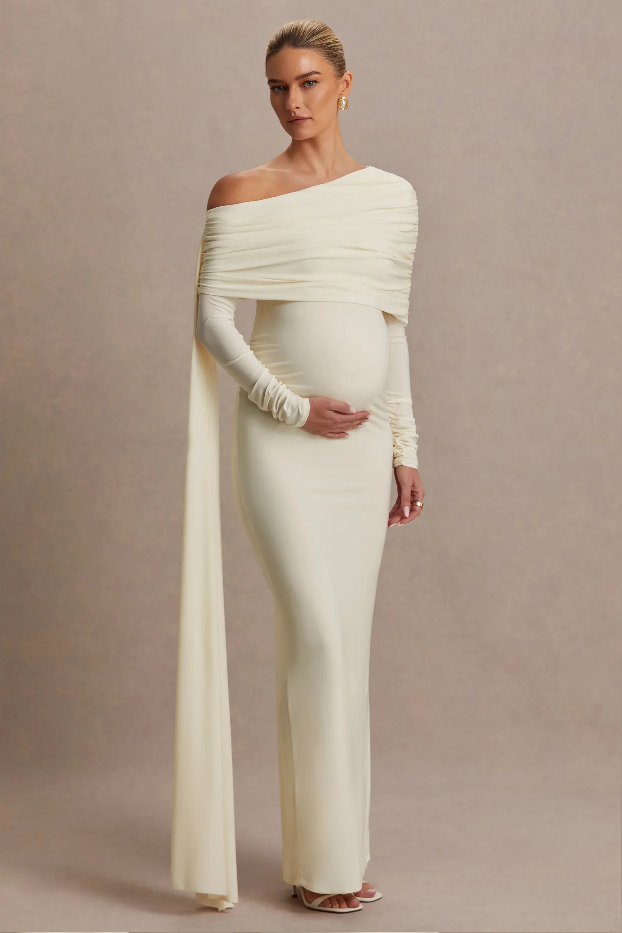 Cyra Cream Asymmetric Neck Maternity Maxi Dress With Sash