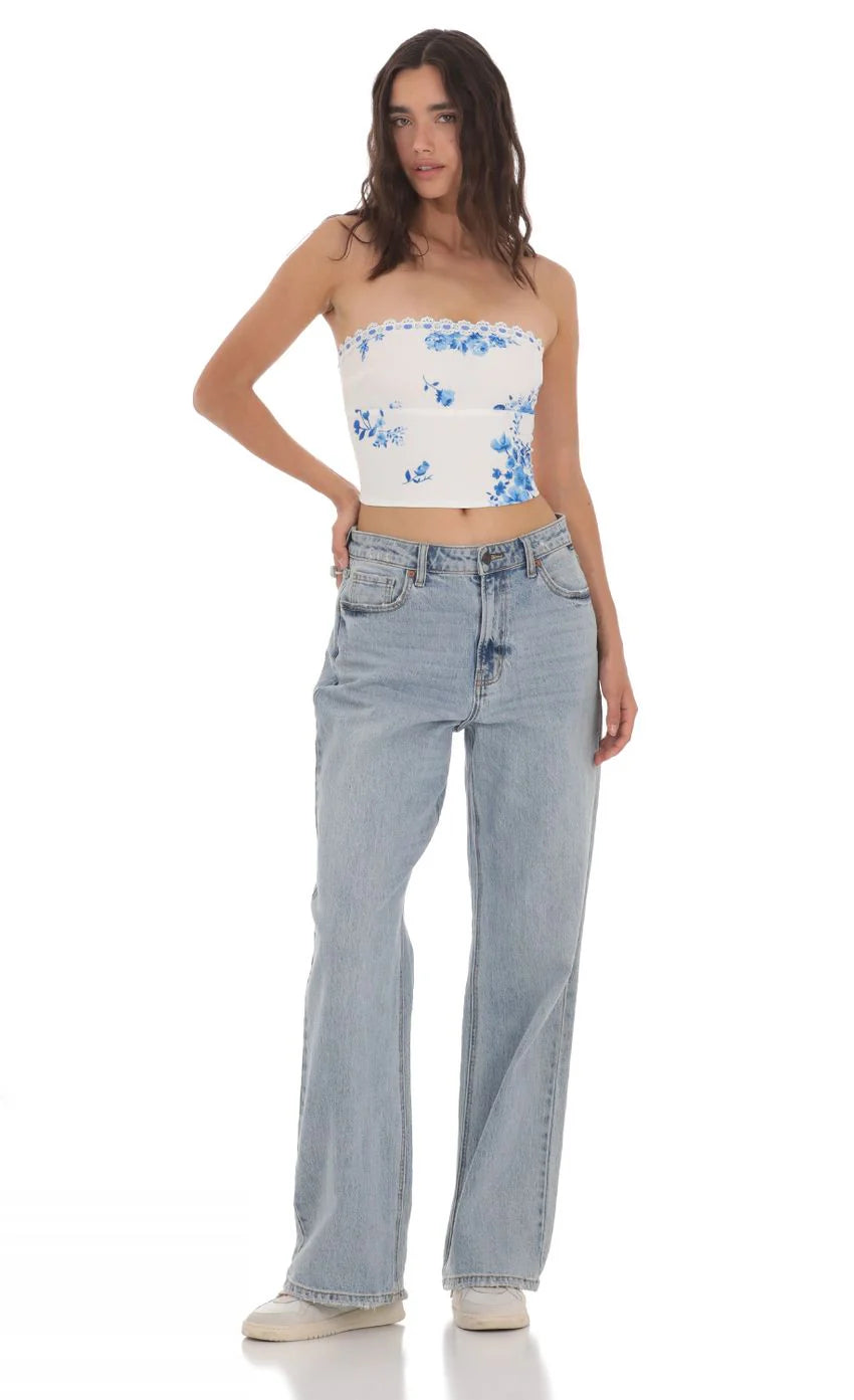 Strapless Floral Top in White