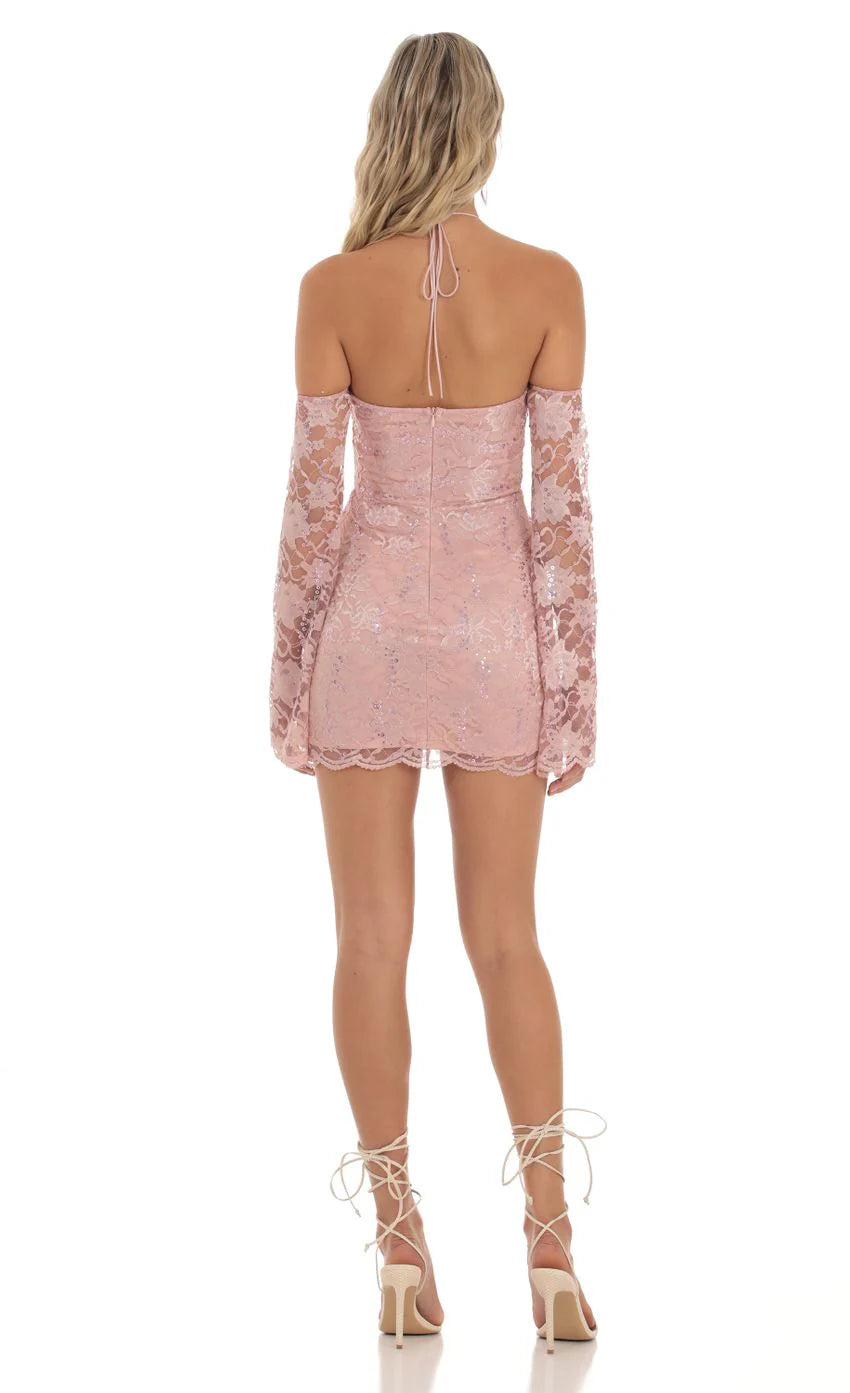 Lace Sequin Off Shoulder Dress in Dusty Rose