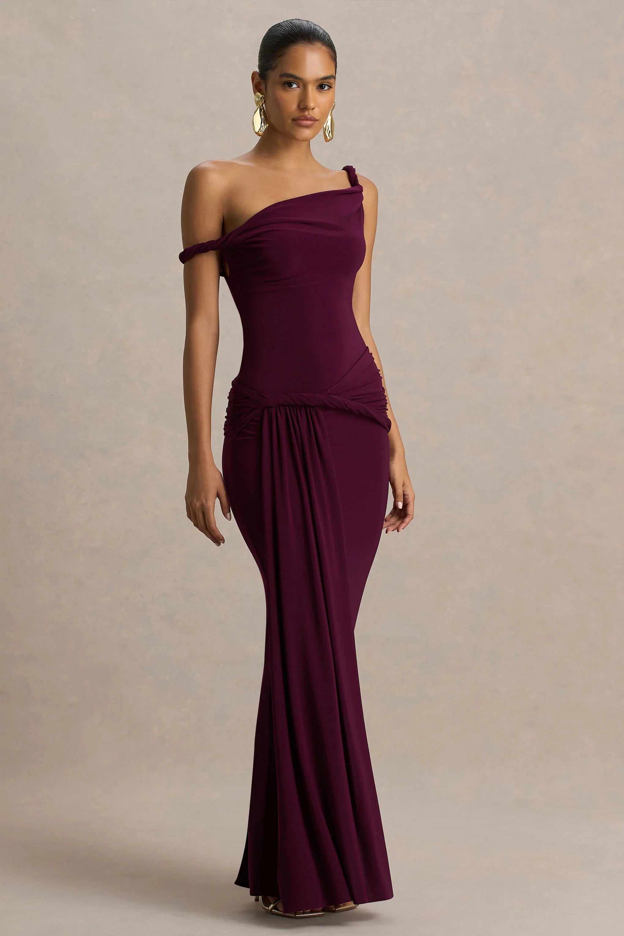 Tulisa Burgundy Asymmetric Neck Maxi Dress With Twist Sleeves And Ruched Detailing