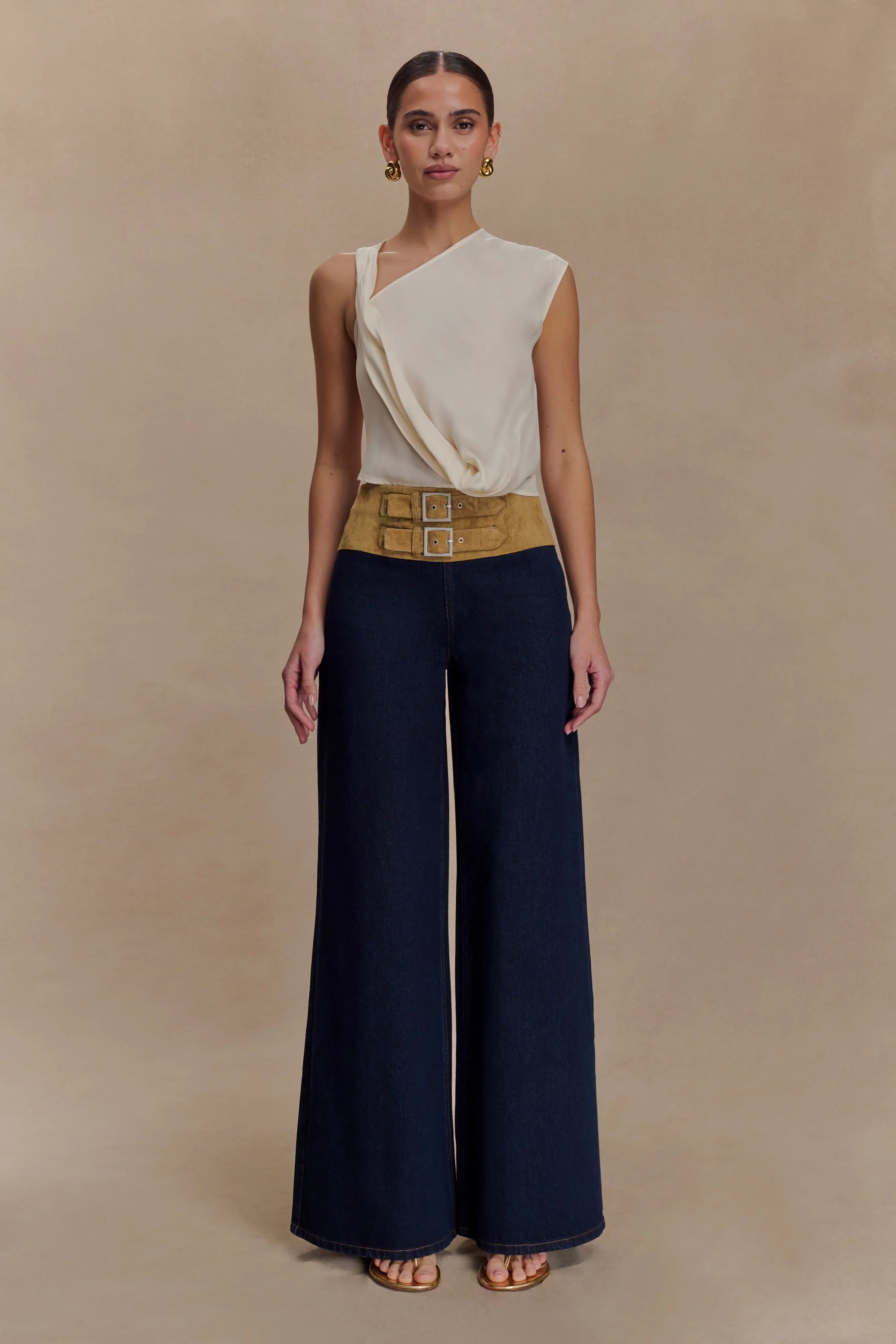 Miranda Faux Suede Belted Denim Wide Leg Jeans Indigo Blue
