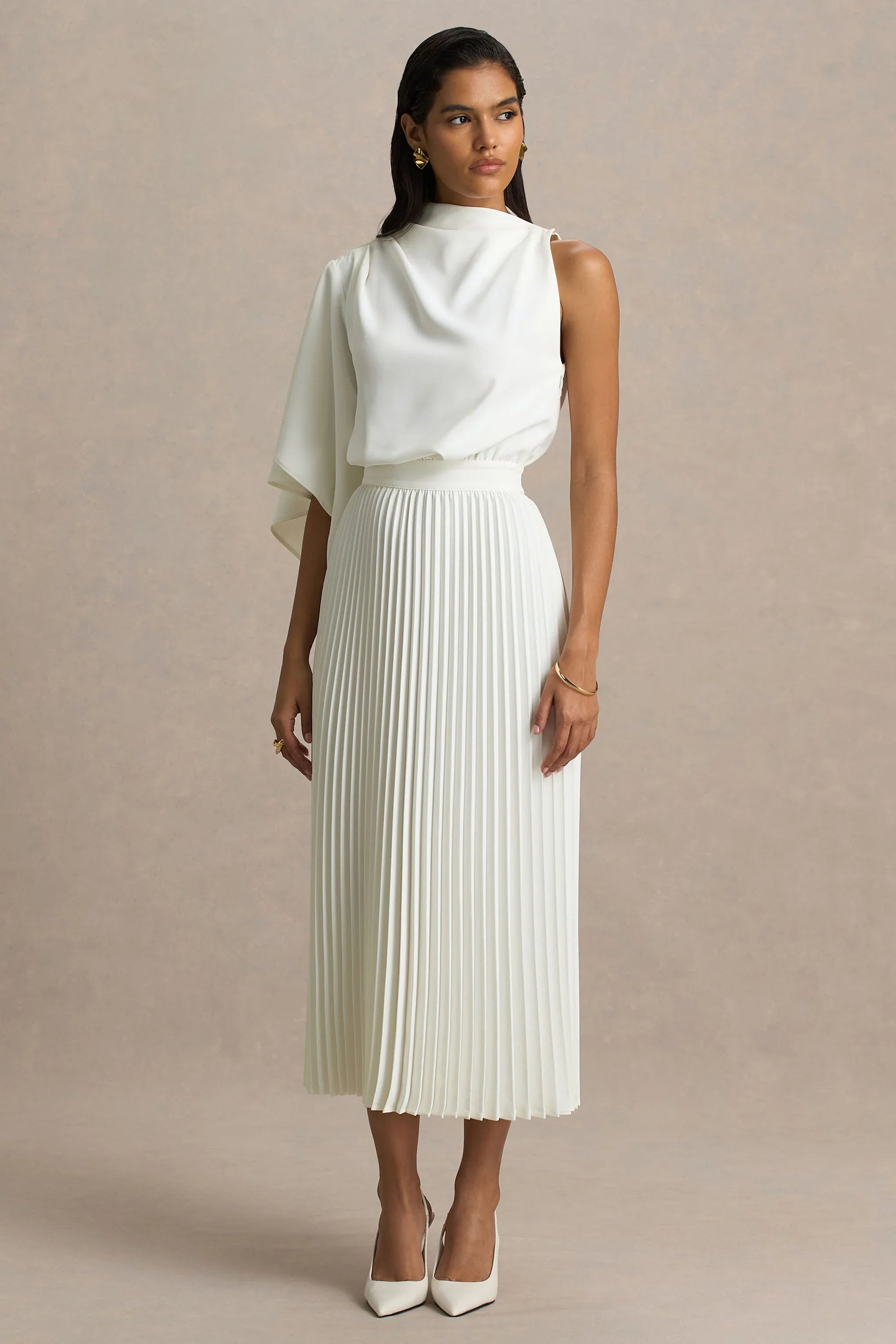 Jimena Cream High Neck Midi Dress With One Long Sleeve And Pleated Detailing