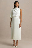 Jimena Cream High Neck Midi Dress With One Long Sleeve And Pleated Detailing
