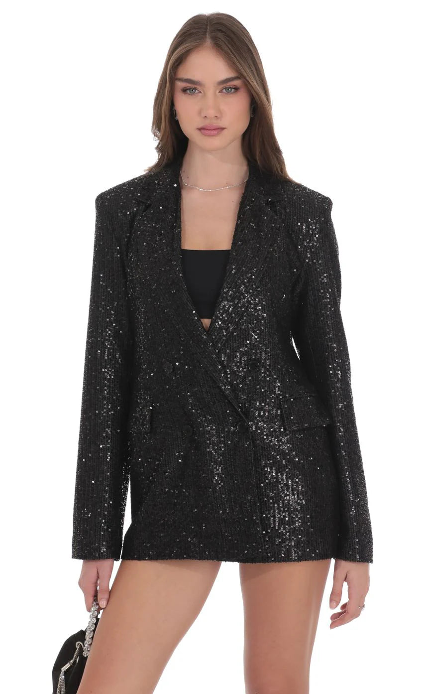 Double Breasted Sequin Blazer in Black