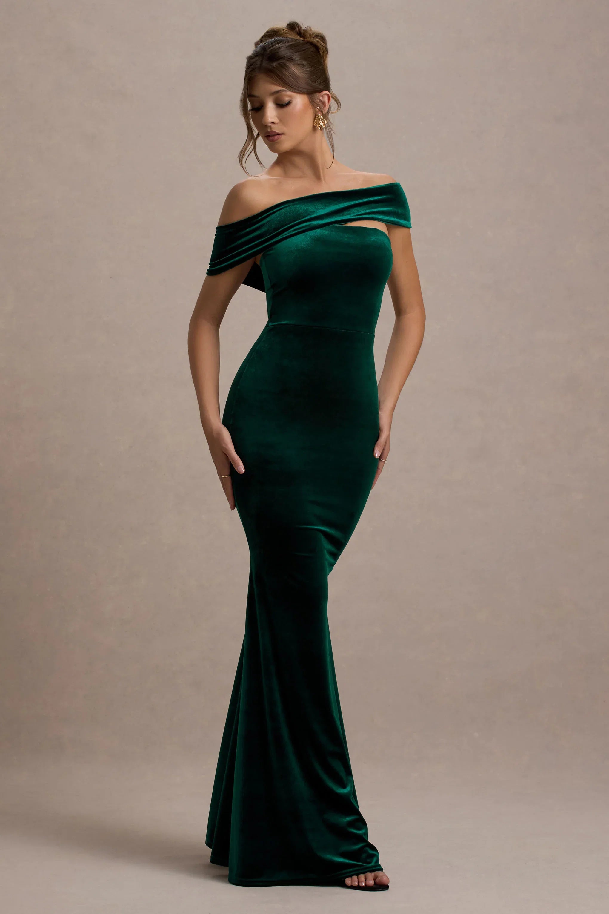 Candela Bottle Green Velvet Asymmetric Bardot Maxi Dress