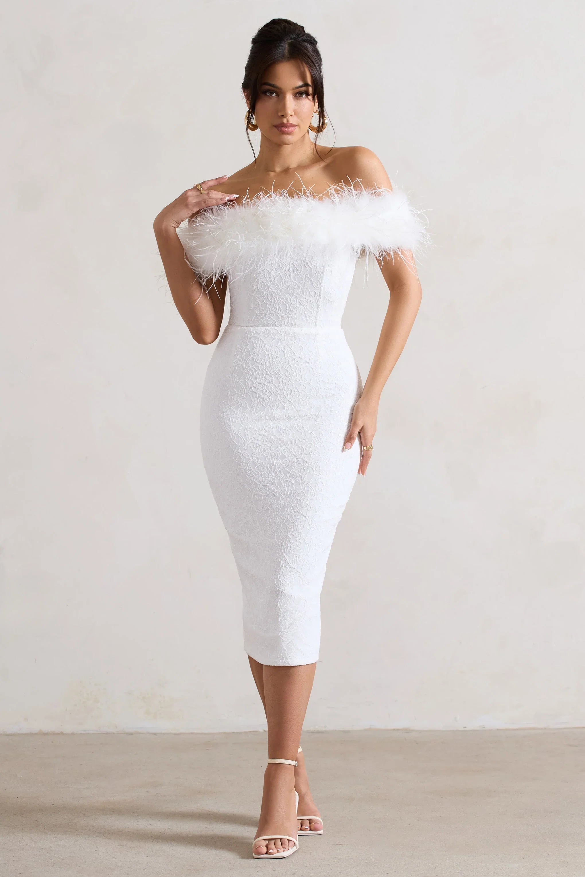 Maiden White Lace Bardot Midi Dress With Feather Trim