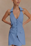 Ruth Cotton Halter Mini Dress Ocean Blue