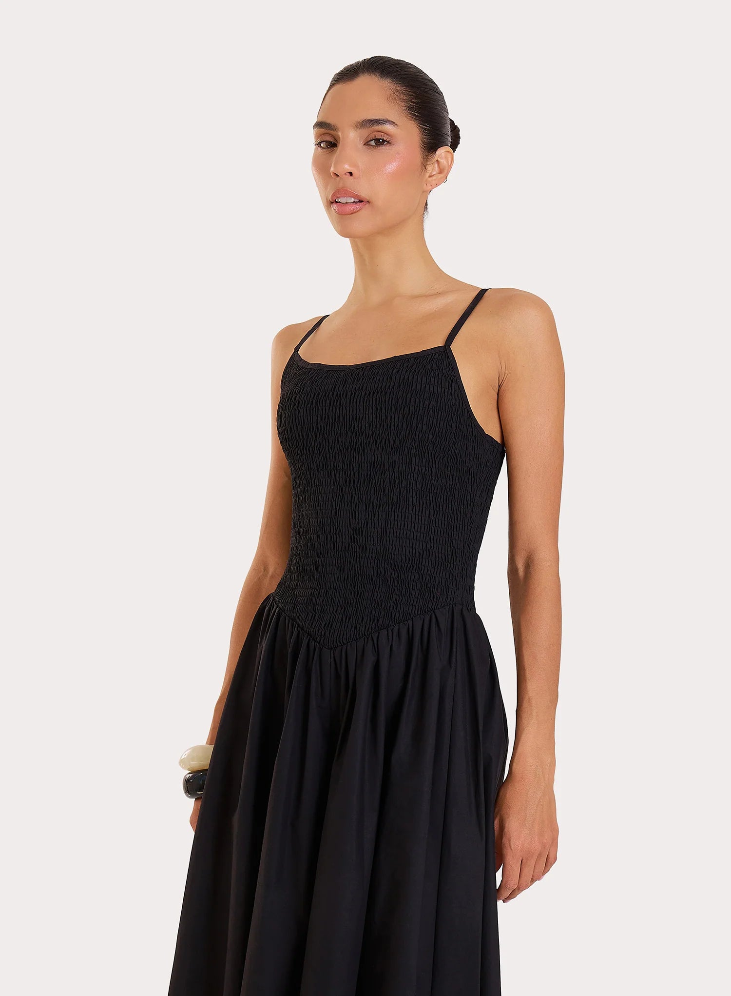 Black Shirred Cotton Maxi Dress Milano