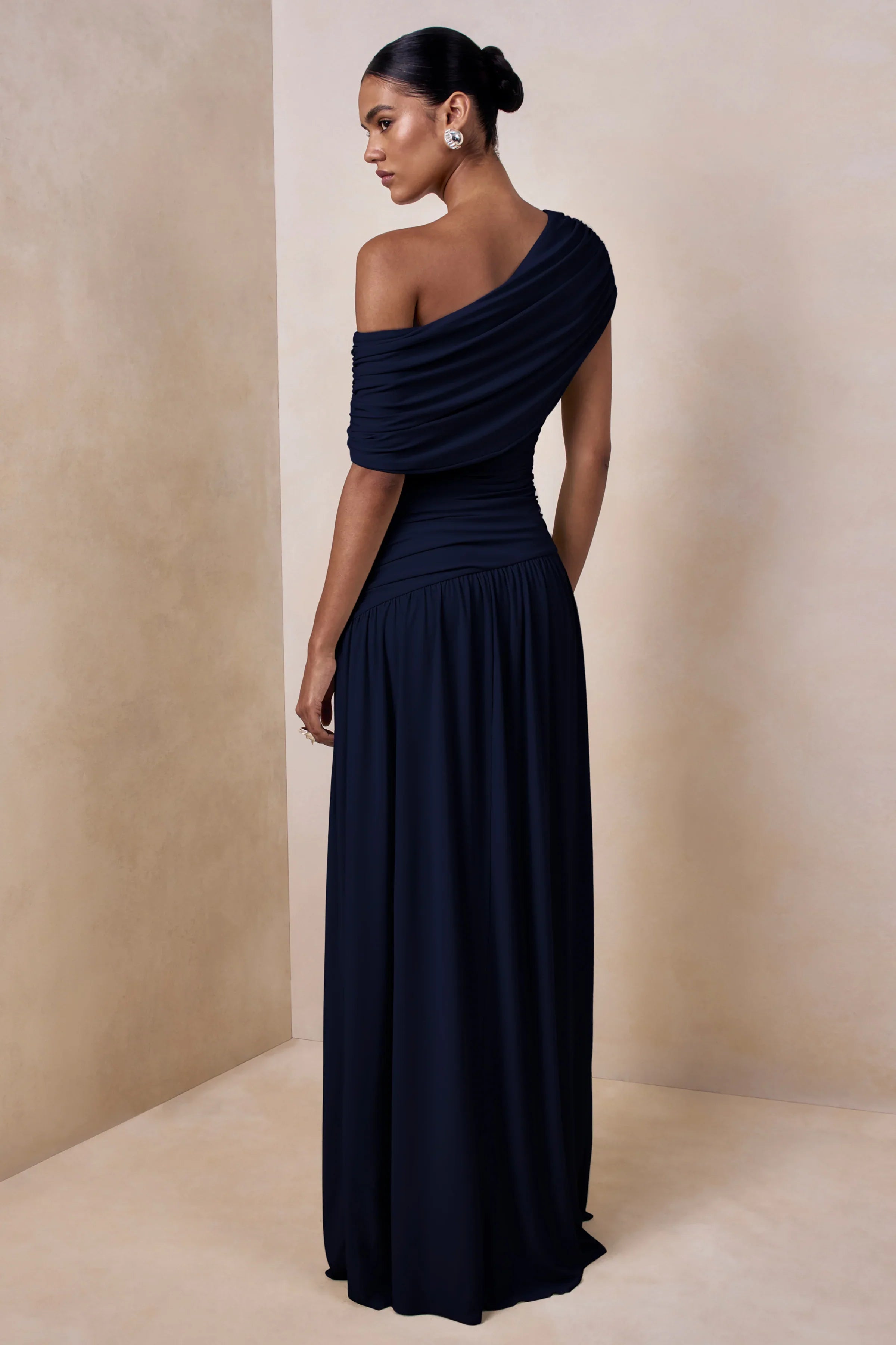 Emberly Navy Draped Asymmetric Neck Maxi Dress With Drop Waist