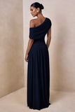 Emberly Navy Draped Asymmetric Neck Maxi Dress With Drop Waist