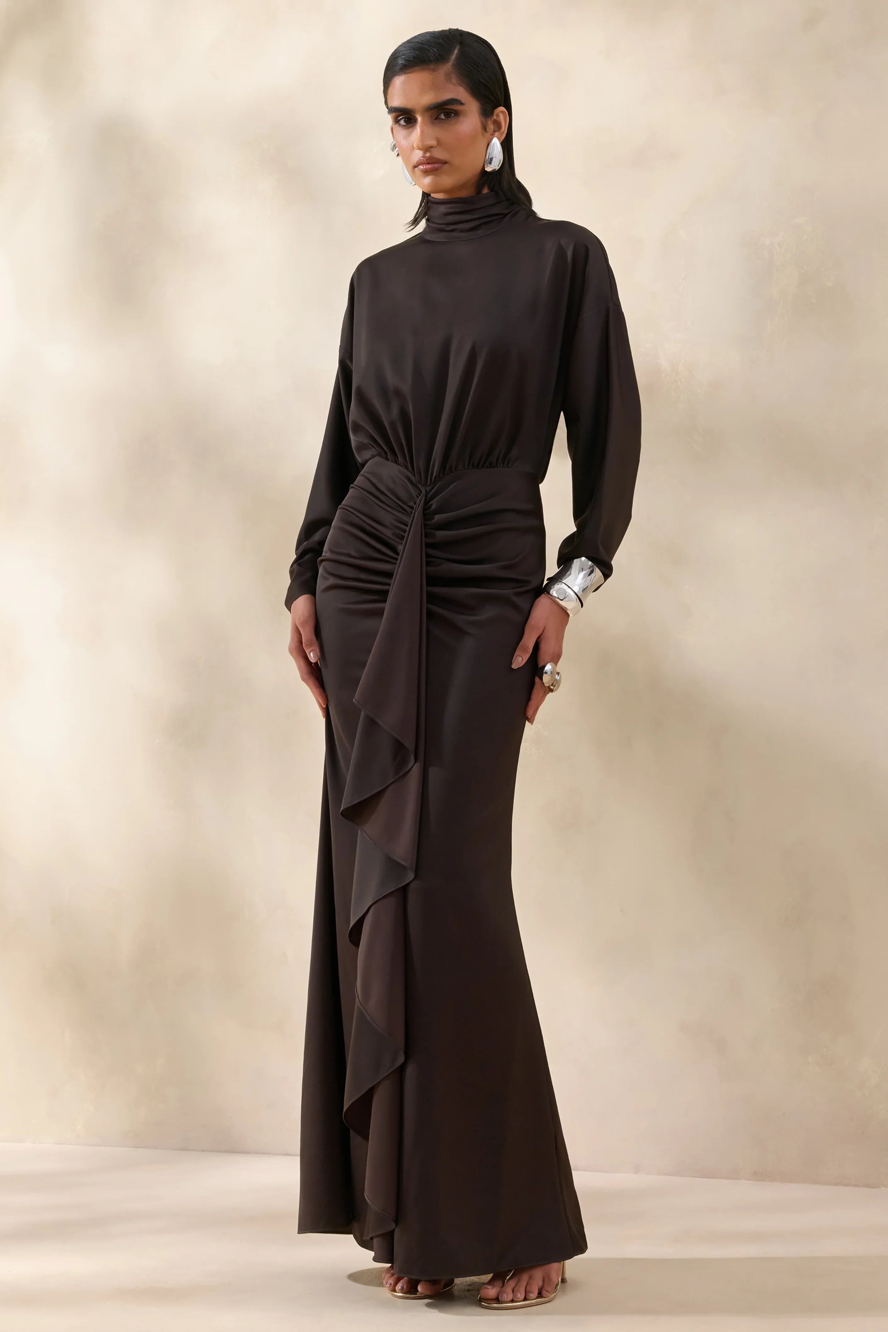 Perla Dark Brown High Neck Maxi Dress With Gathered Detailing